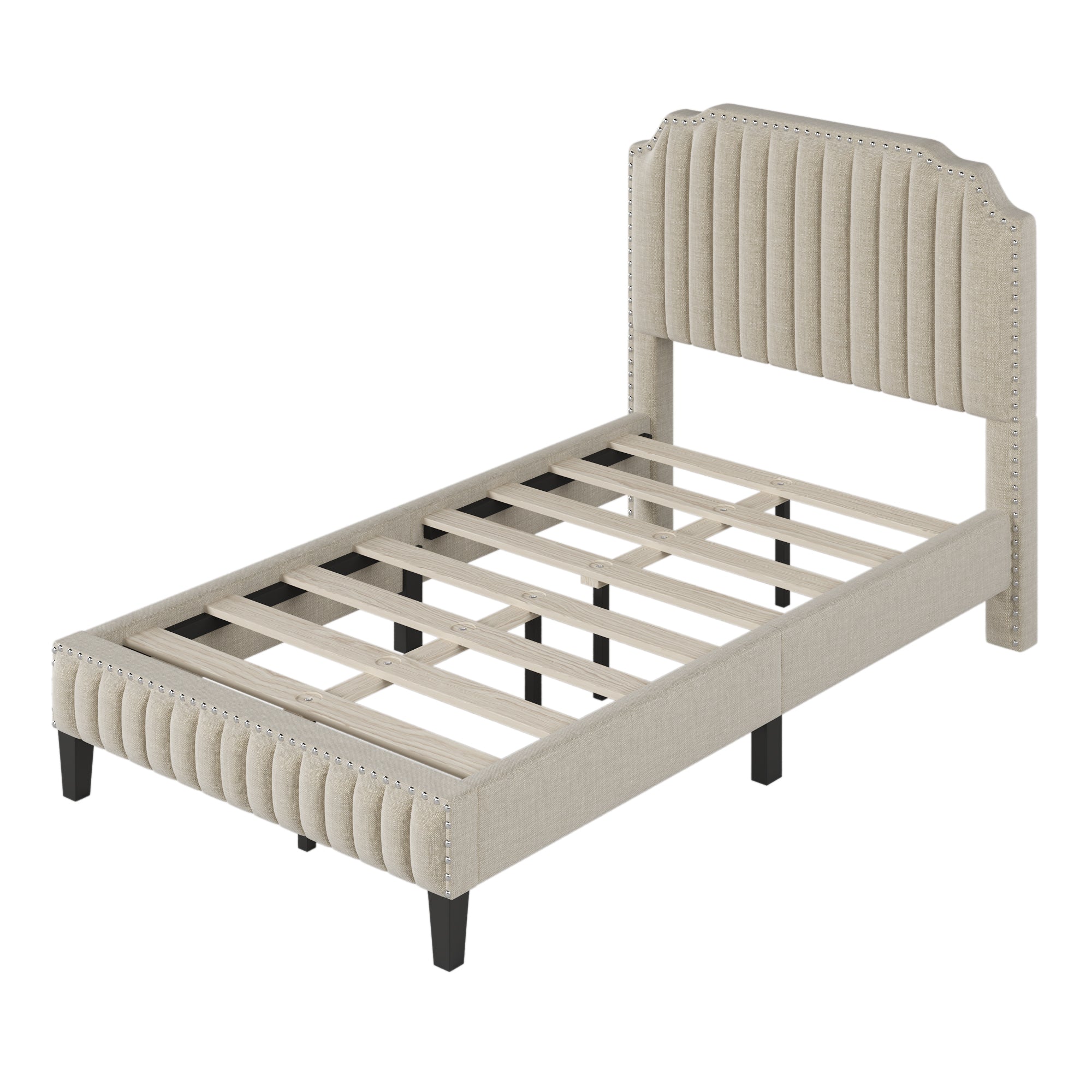 Royard Oaktree Platform Bed Frame Tufted Curved Headboard Linen Upholstered Bed with Solid Wood Frame and Slats, Nailhead Trim, No Box Spring Needed