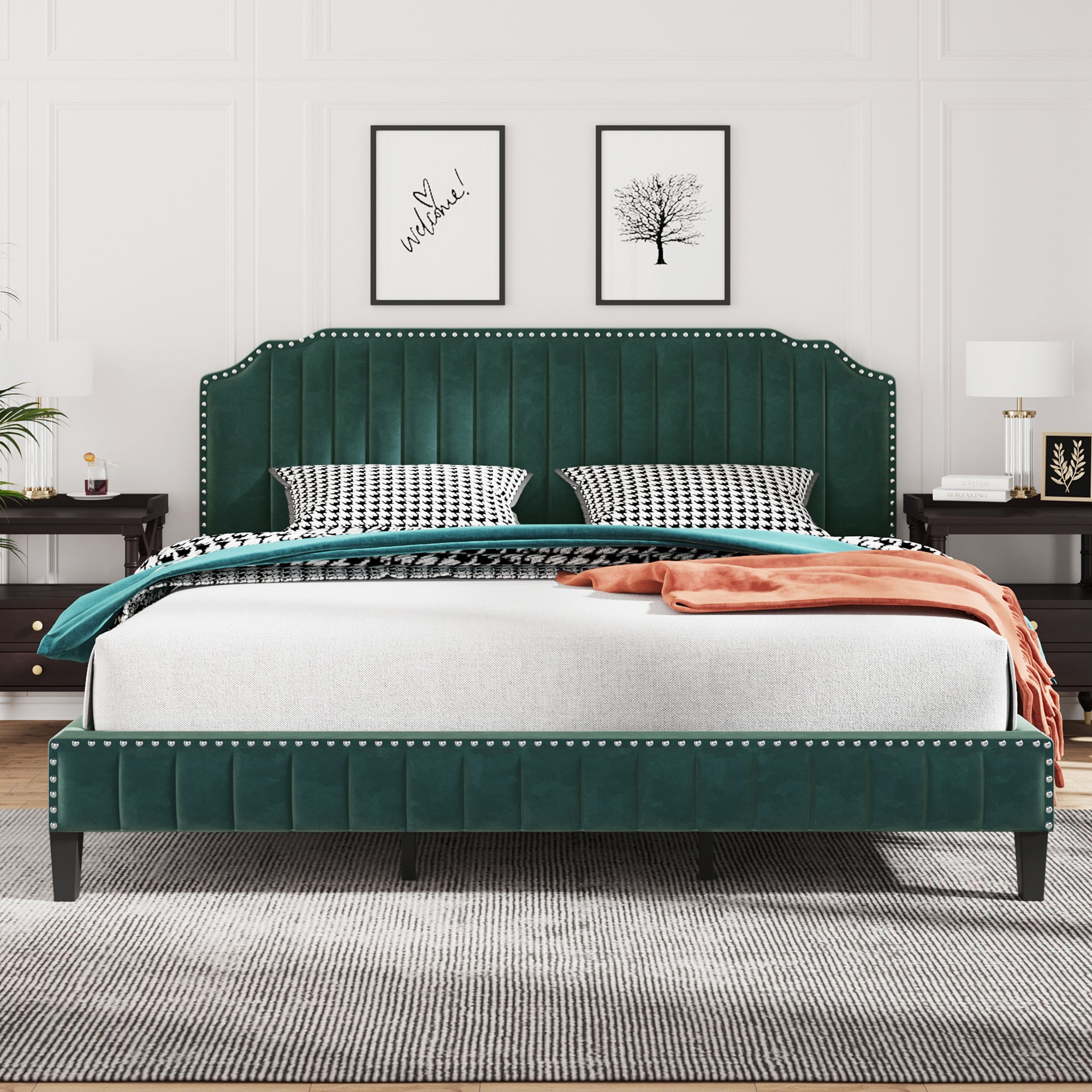 Royard Oaktree Platform Bed Frame Tufted Curved Headboard Linen Upholstered Bed with Solid Wood Frame and Slats, Nailhead Trim, No Box Spring Needed