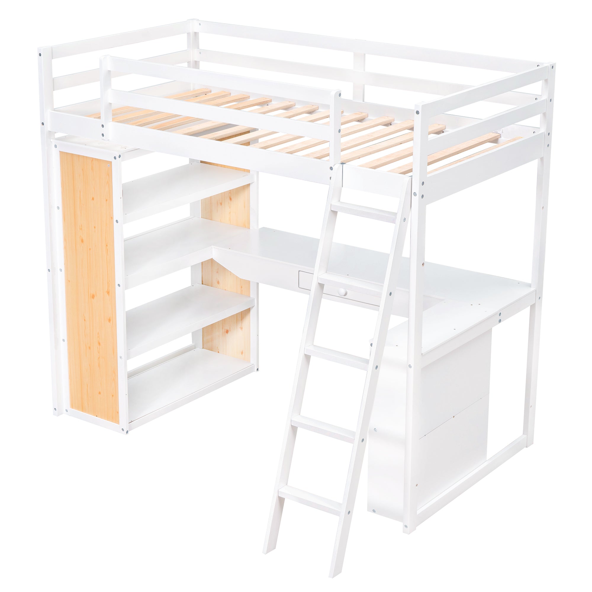 Royard Oaktree Twin Size Loft Bed with Built-in Desk and Shelves Wood Loft Bed Frame with Guardrail and Convertible Ladder