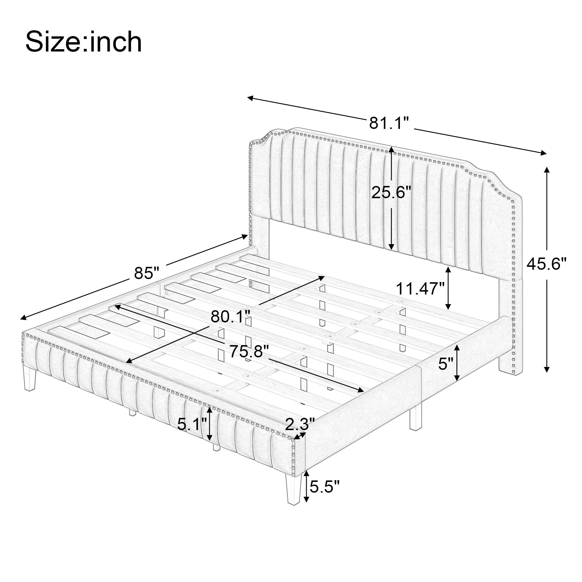 Royard Oaktree Platform Bed Frame Tufted Curved Headboard Linen Upholstered Bed with Solid Wood Frame and Slats, Nailhead Trim, No Box Spring Needed