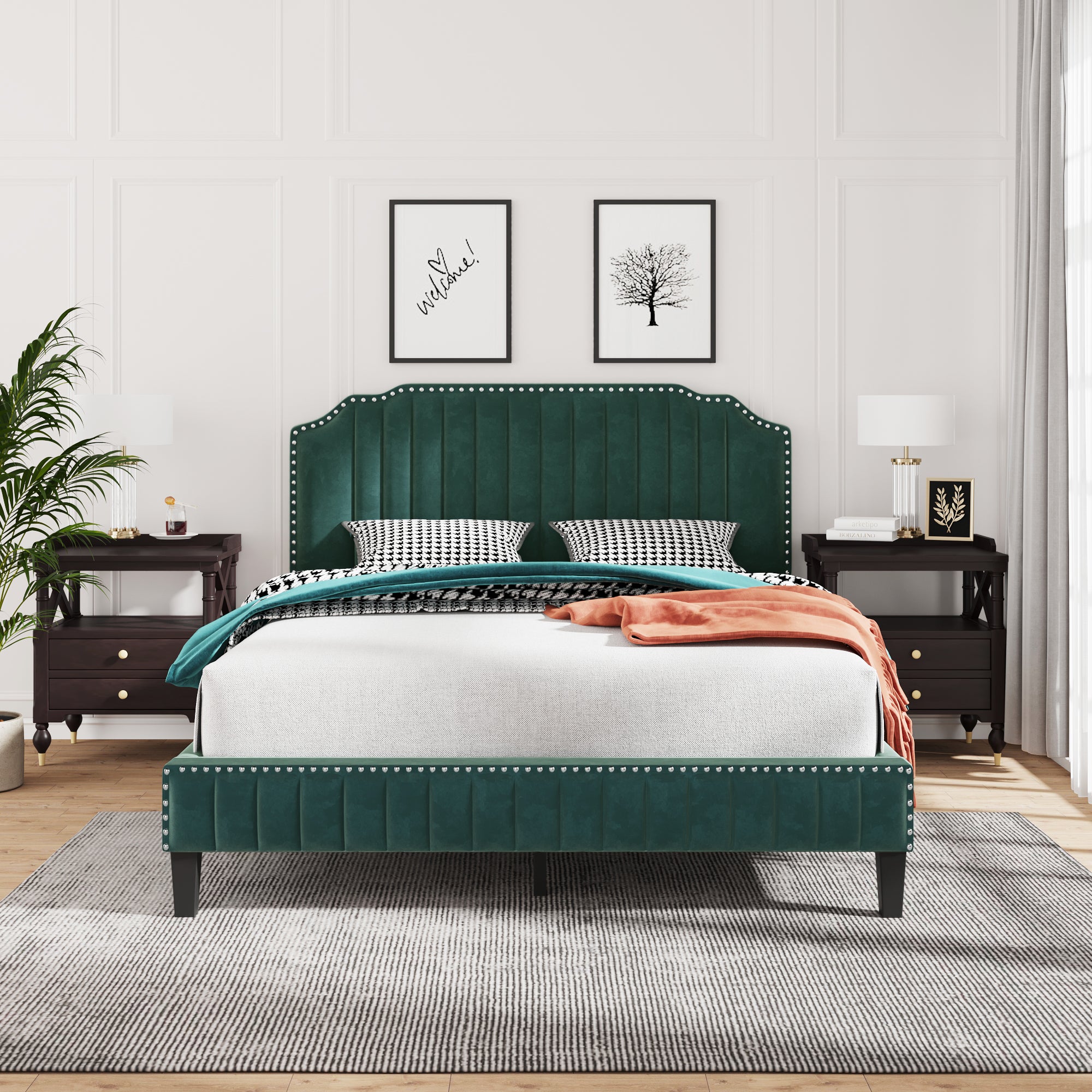 Royard Oaktree Platform Bed Frame Tufted Curved Headboard Linen Upholstered Bed with Solid Wood Frame and Slats, Nailhead Trim, No Box Spring Needed