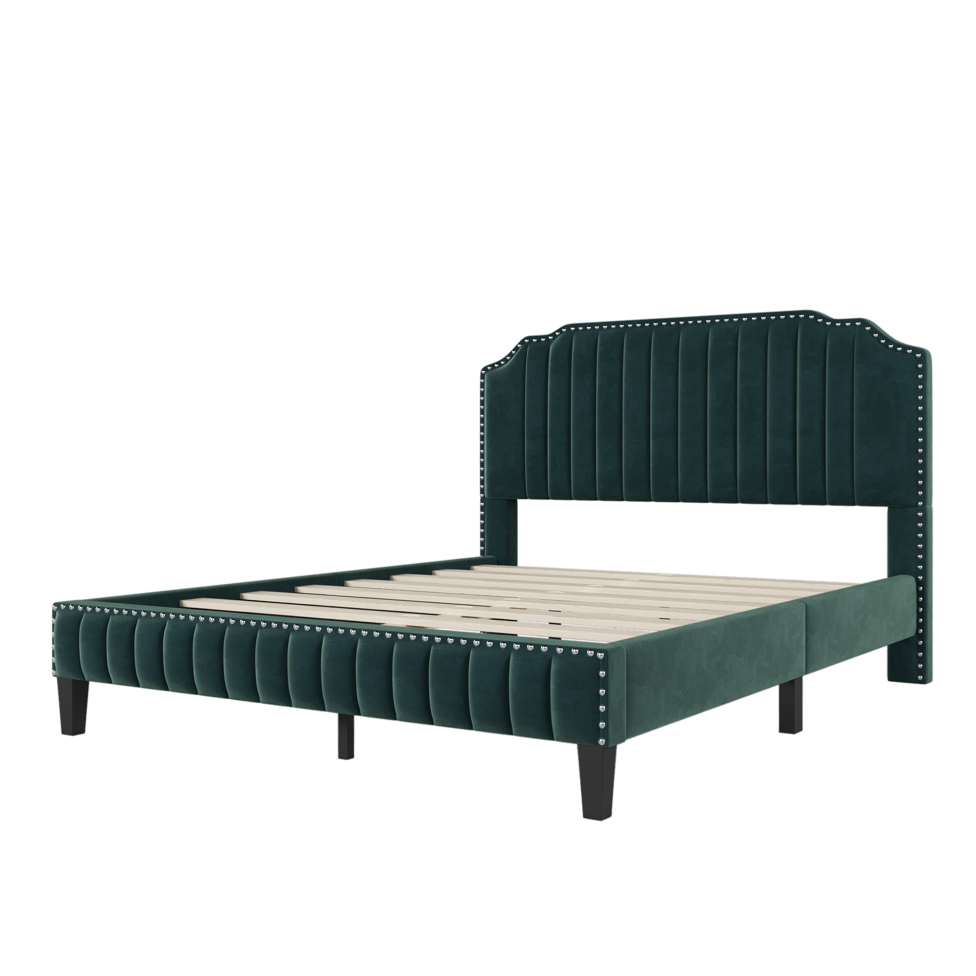 Royard Oaktree Platform Bed Frame Tufted Curved Headboard Linen Upholstered Bed with Solid Wood Frame and Slats, Nailhead Trim, No Box Spring Needed