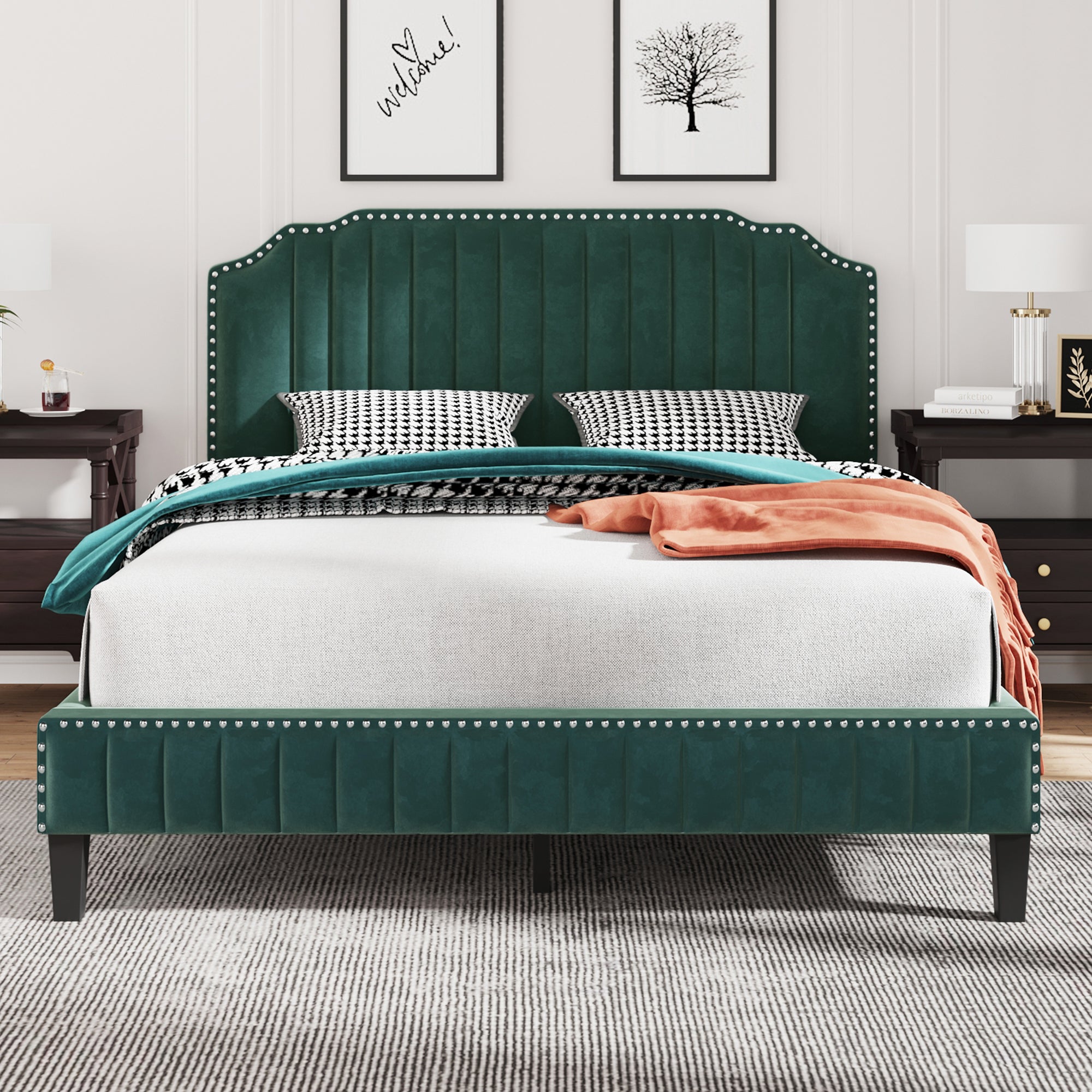 Royard Oaktree Platform Bed Frame Tufted Curved Headboard Linen Upholstered Bed with Solid Wood Frame and Slats, Nailhead Trim, No Box Spring Needed