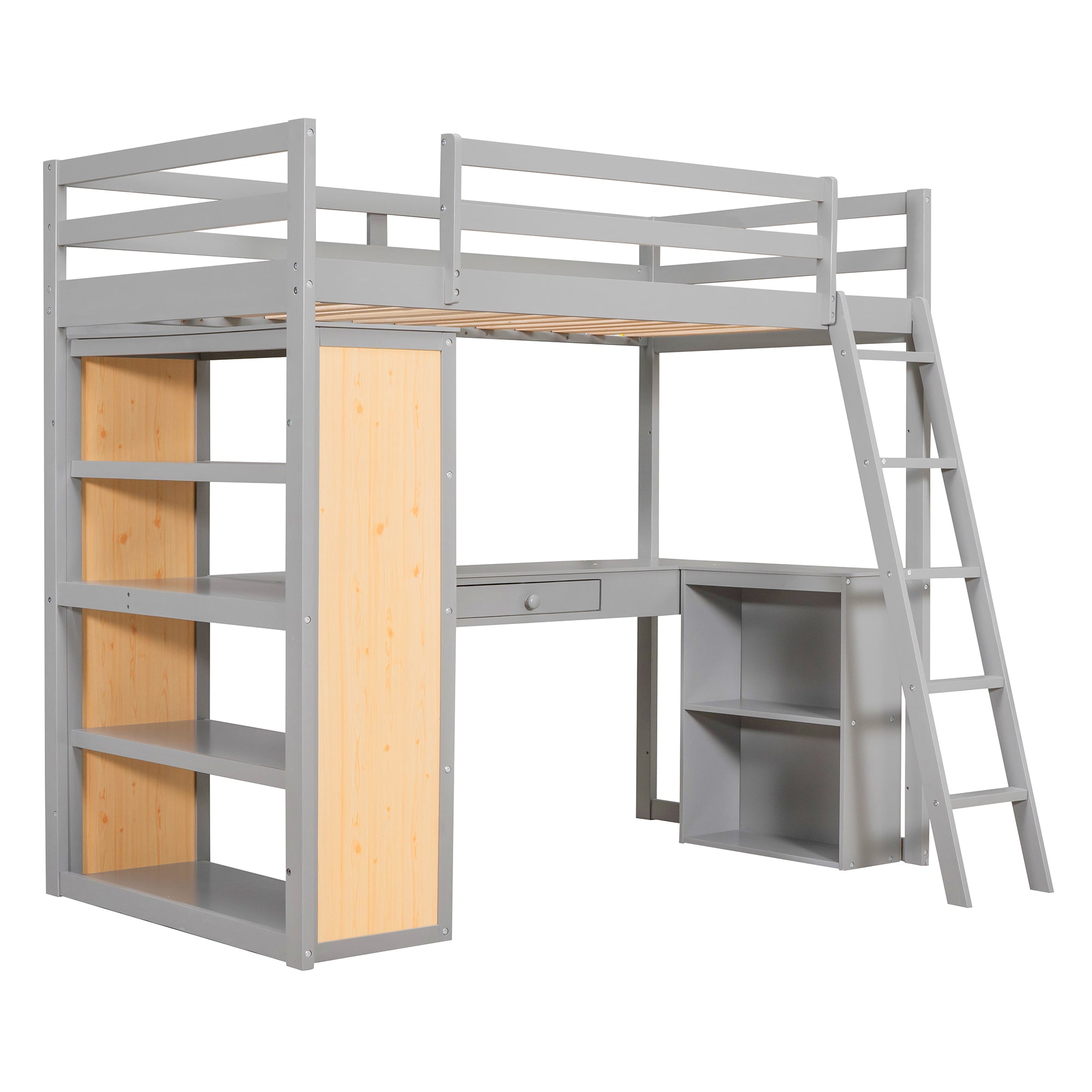 Royard Oaktree Twin Size Loft Bed with Built-in Desk and Shelves Wood Loft Bed Frame with Guardrail and Convertible Ladder