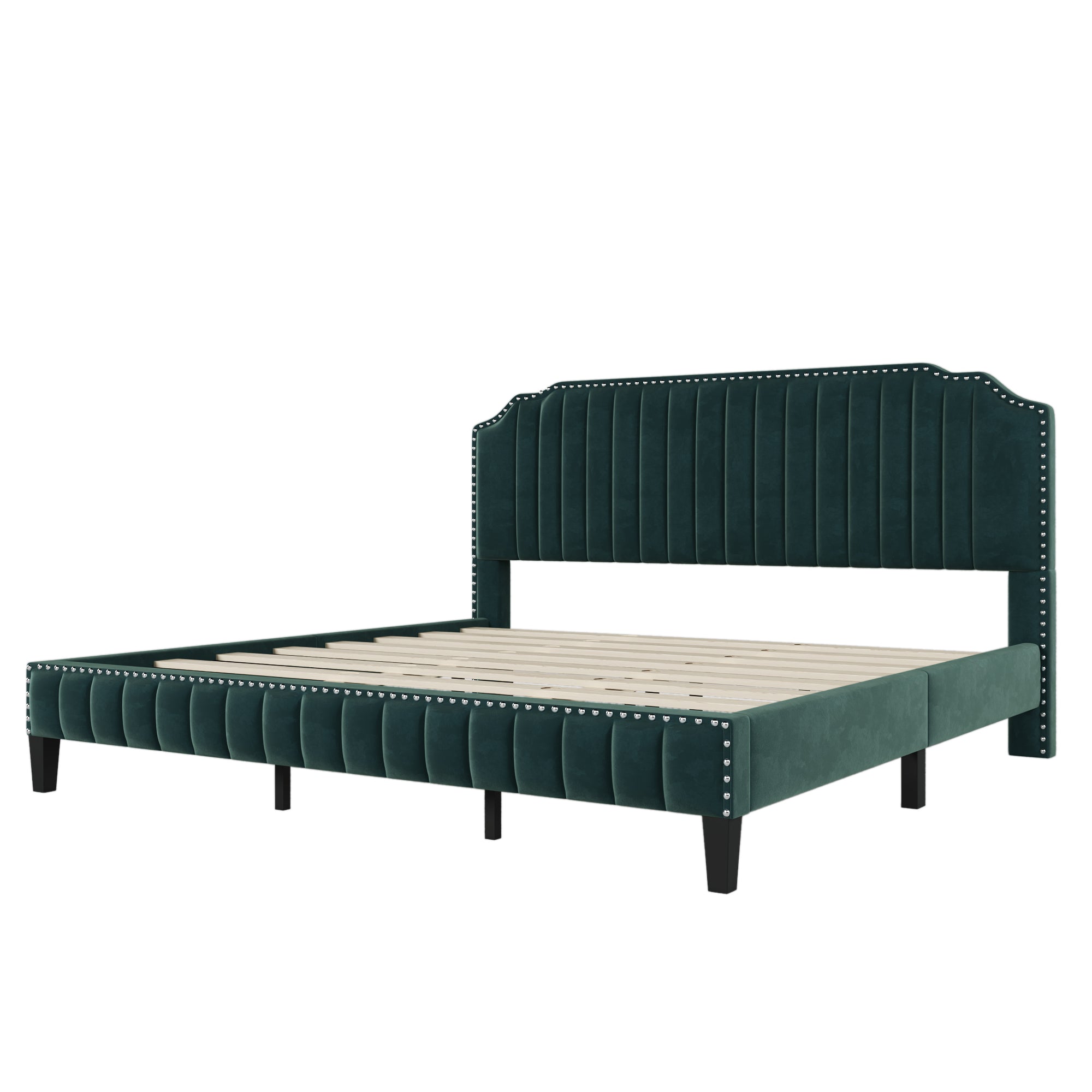 Royard Oaktree Platform Bed Frame Tufted Curved Headboard Linen Upholstered Bed with Solid Wood Frame and Slats, Nailhead Trim, No Box Spring Needed