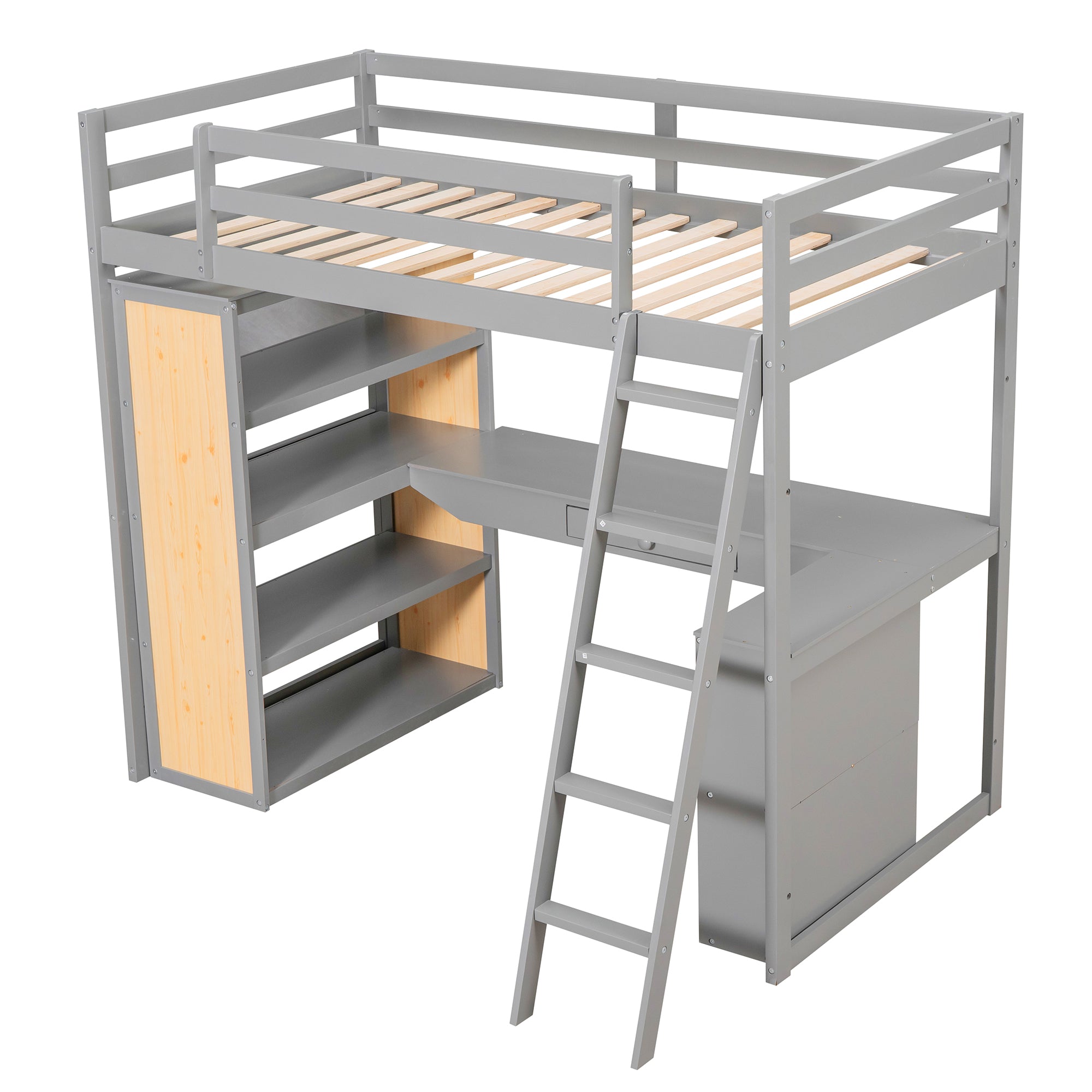 Royard Oaktree Twin Size Loft Bed with Built-in Desk and Shelves Wood Loft Bed Frame with Guardrail and Convertible Ladder