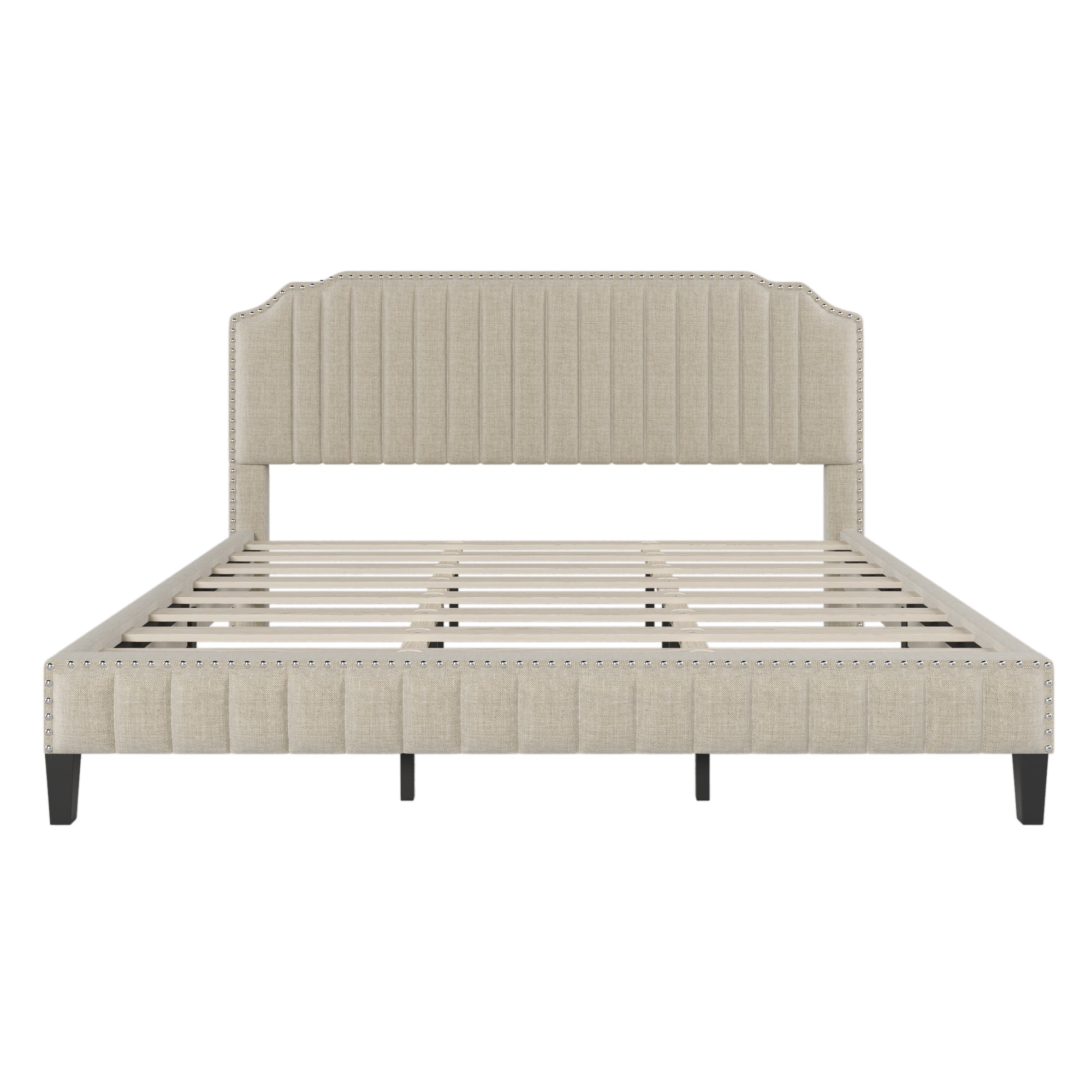 Royard Oaktree Platform Bed Frame Tufted Curved Headboard Linen Upholstered Bed with Solid Wood Frame and Slats, Nailhead Trim, No Box Spring Needed