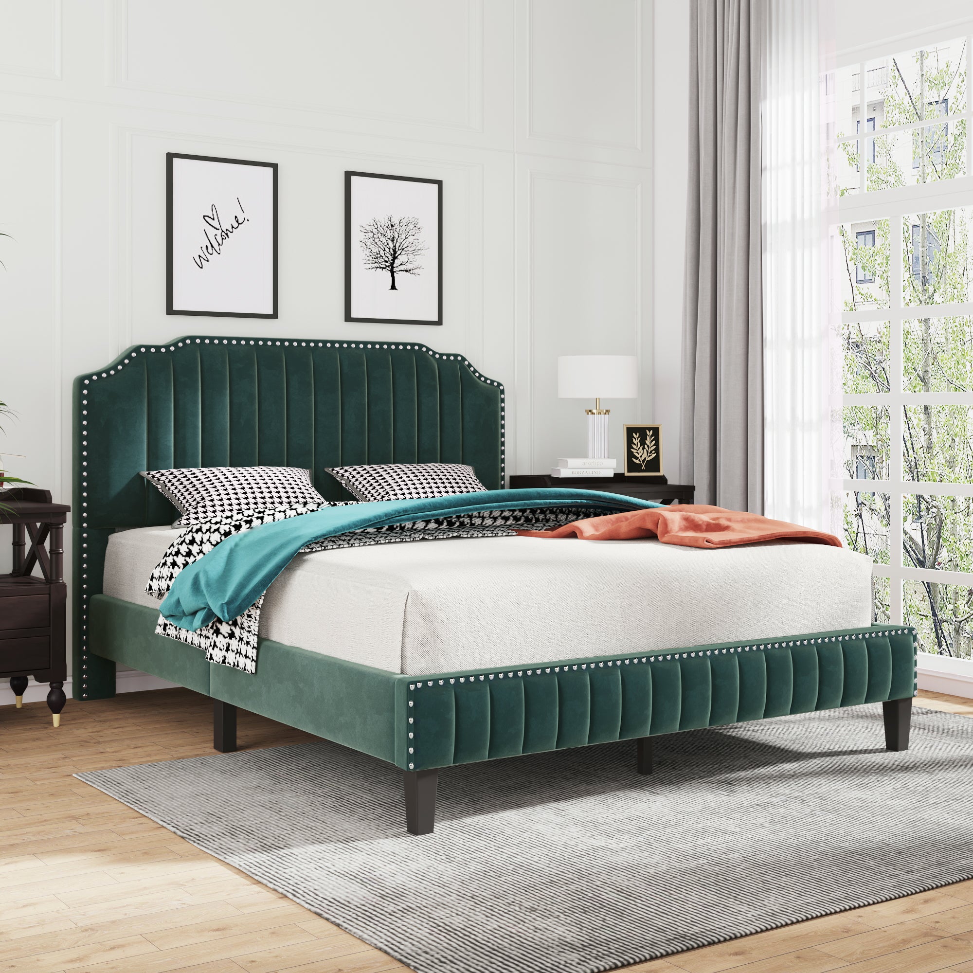 Royard Oaktree Platform Bed Frame Tufted Curved Headboard Linen Upholstered Bed with Solid Wood Frame and Slats, Nailhead Trim, No Box Spring Needed