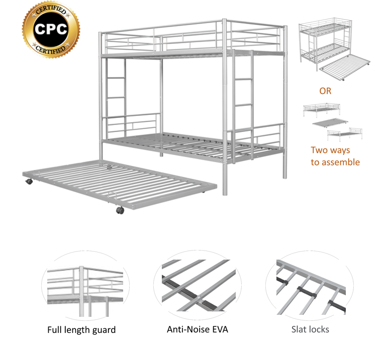 Royard Oaktree Twin over Twin Bunk Bed with Trundle Metal Bunk Bed Frame with Slat and Guardrail