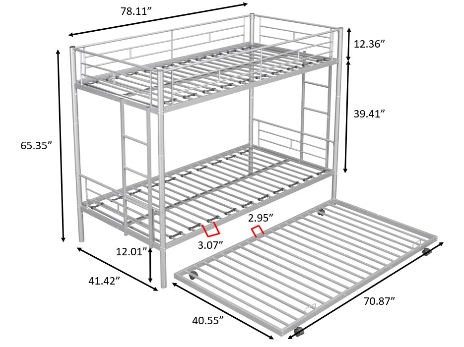 Royard Oaktree Twin over Twin Bunk Bed with Trundle Metal Bunk Bed Frame with Slat and Guardrail