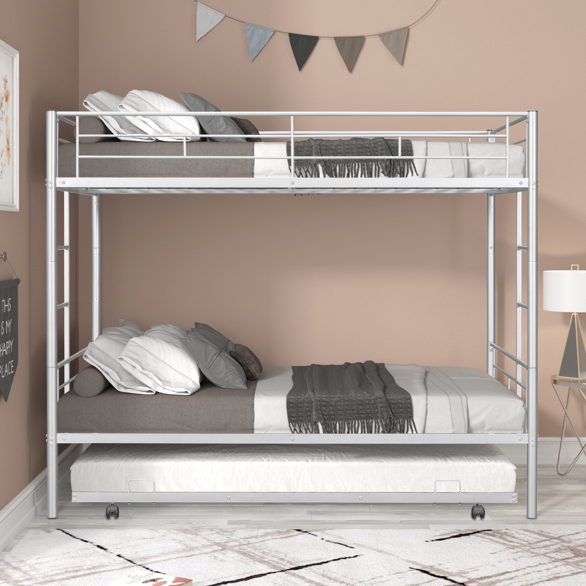 Royard Oaktree Twin over Twin Bunk Bed with Trundle Metal Bunk Bed Frame with Slat and Guardrail