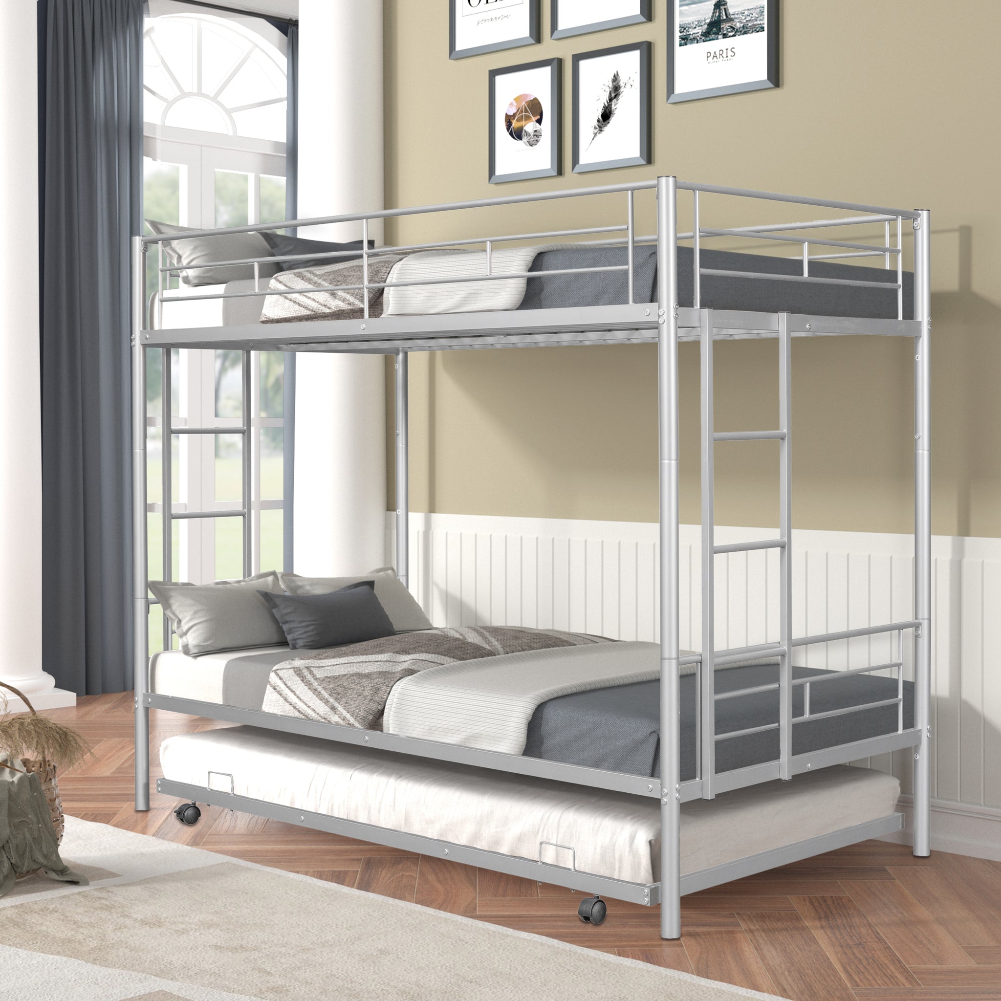 Royard Oaktree Twin over Twin Bunk Bed with Trundle Metal Bunk Bed Frame with Slat and Guardrail