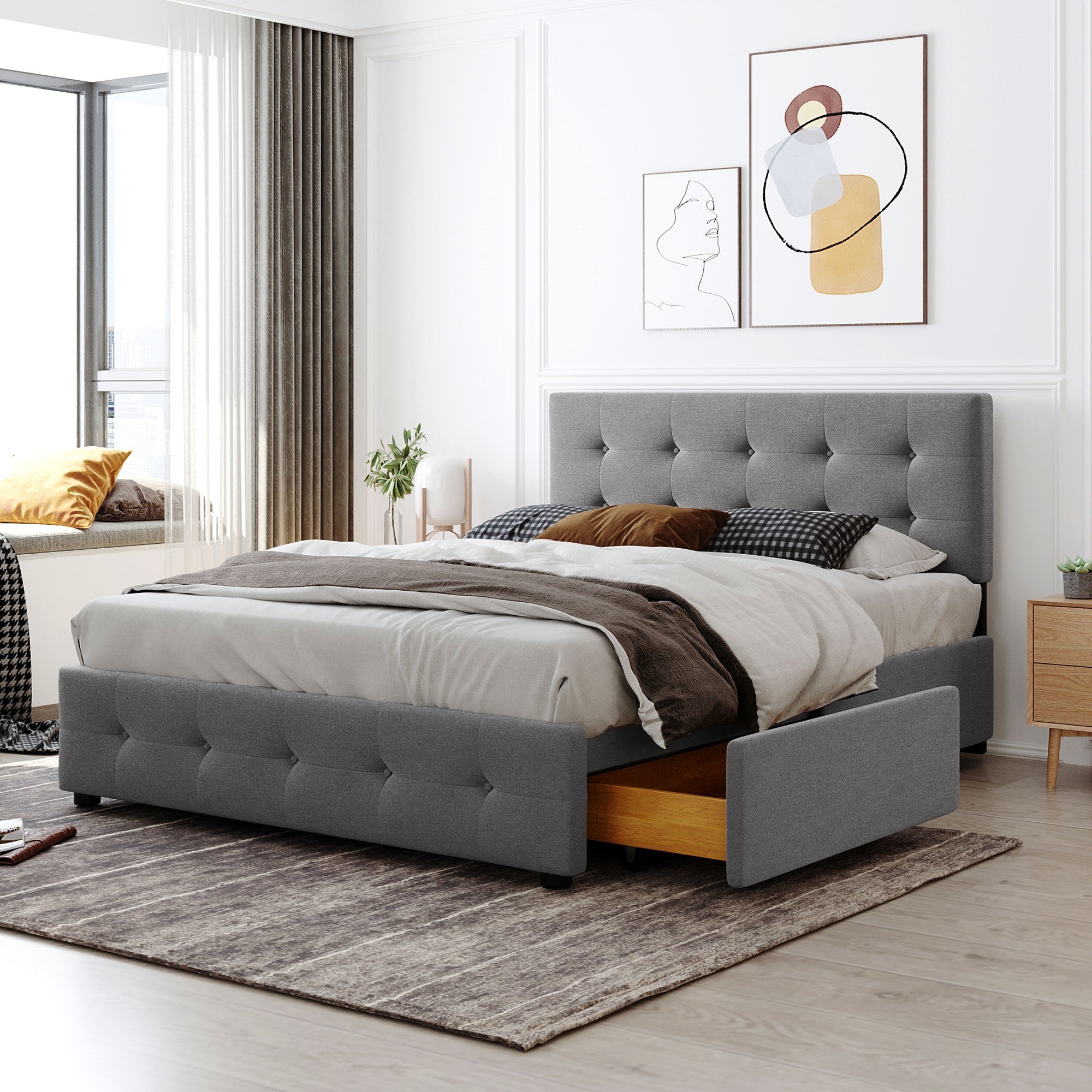 Royard Oaktree Upholstered Platform Bed with Classic Headboard and 4 Drawers, No Box Spring Needed, Linen Fabric, Queen Size Light Gray