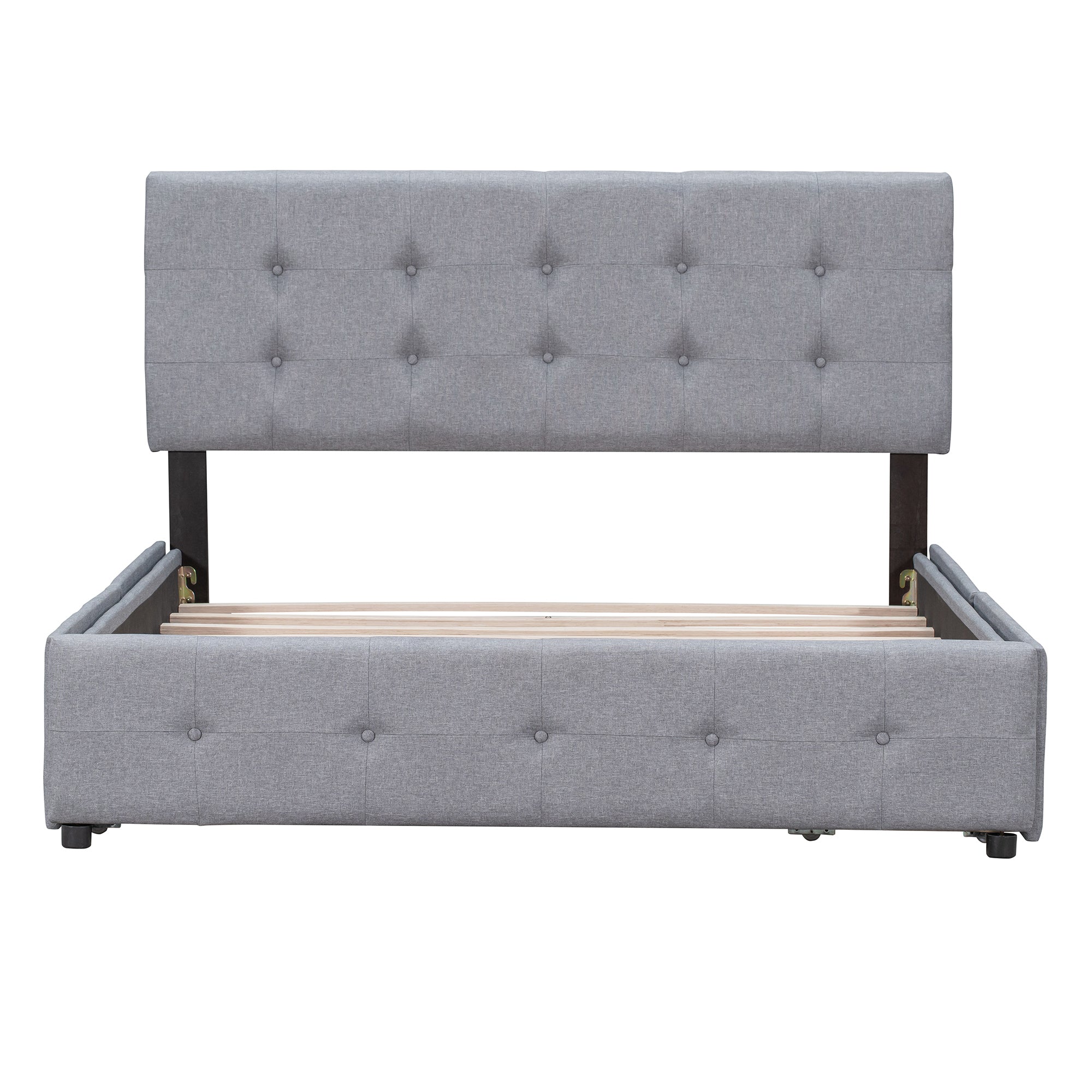 Royard Oaktree Upholstered Platform Bed with Classic Headboard and 4 Drawers, No Box Spring Needed, Linen Fabric, Queen Size Light Gray