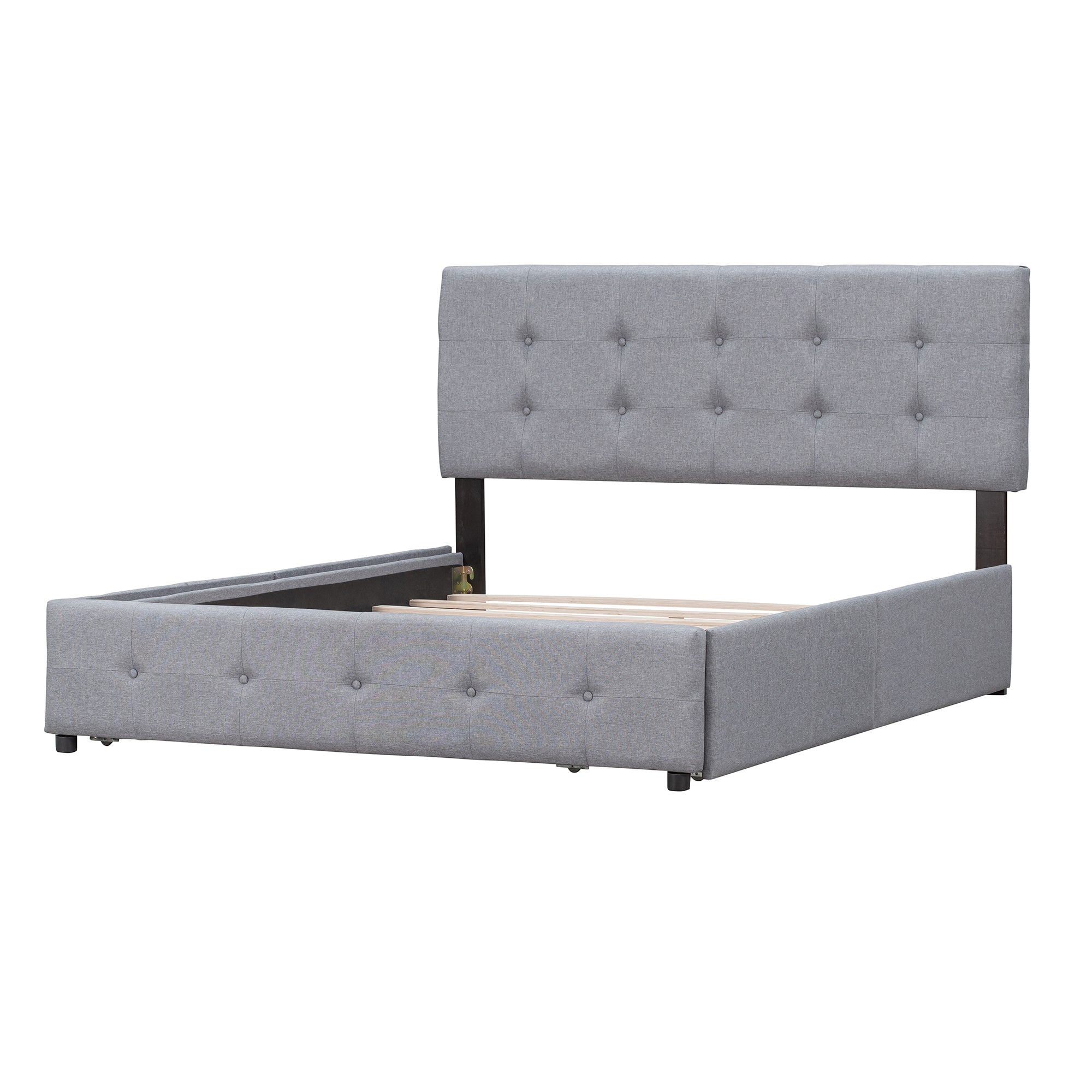 Royard Oaktree Upholstered Platform Bed with Classic Headboard and 4 Drawers, No Box Spring Needed, Linen Fabric, Queen Size Light Gray