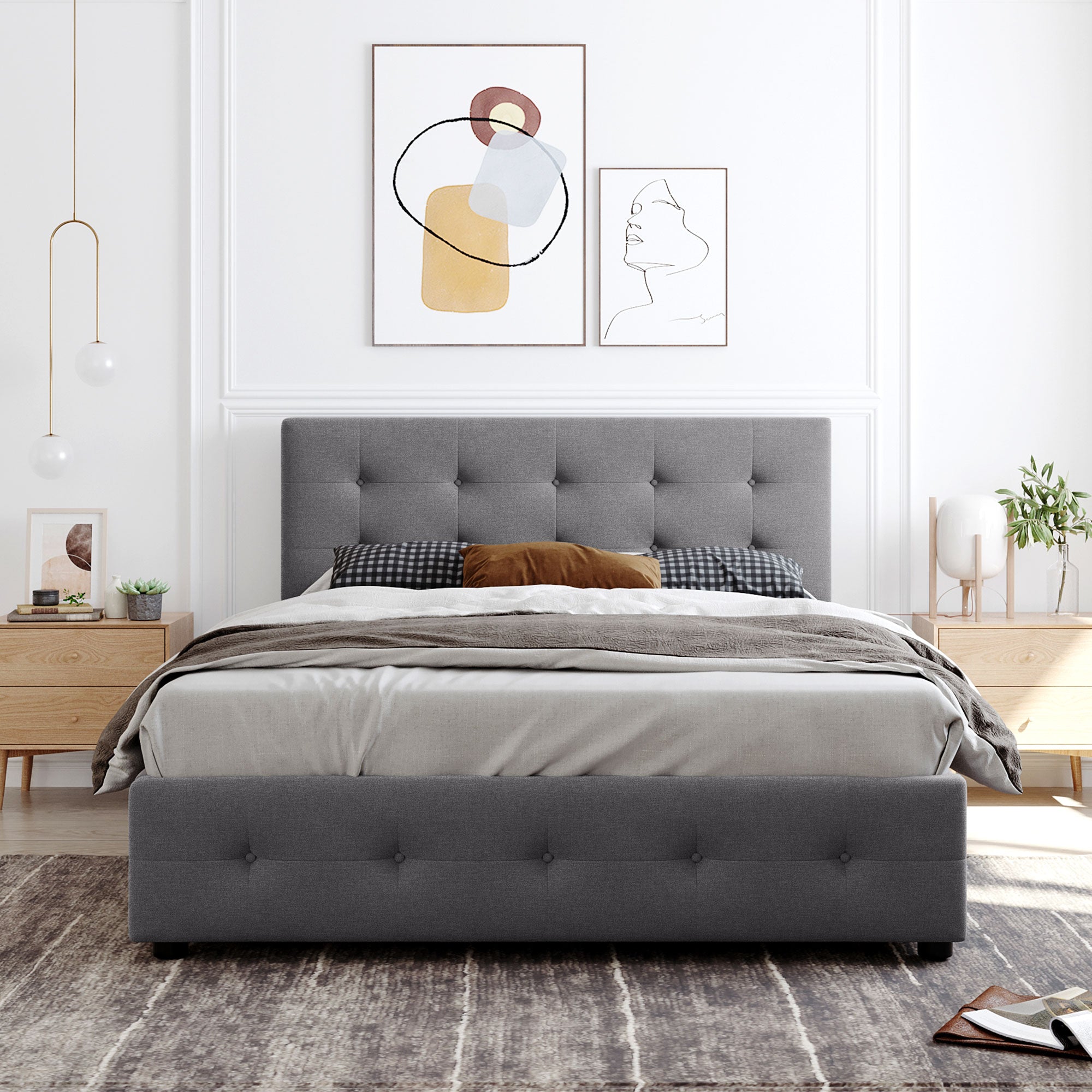 Royard Oaktree Upholstered Platform Bed with Classic Headboard and 4 Drawers, No Box Spring Needed, Linen Fabric, Queen Size Light Gray