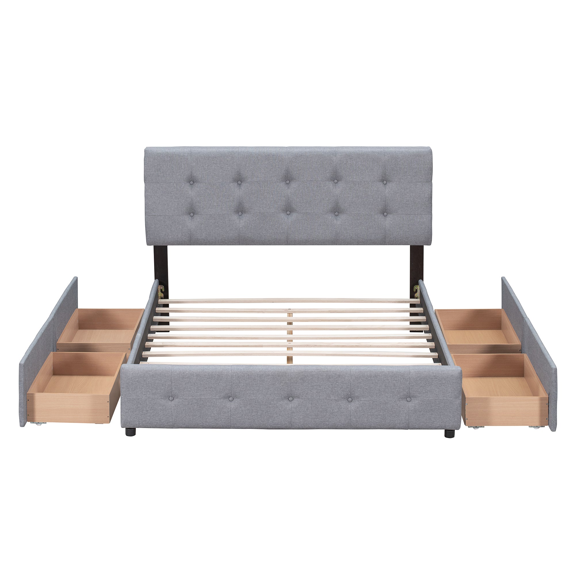 Royard Oaktree Upholstered Platform Bed with Classic Headboard and 4 Drawers, No Box Spring Needed, Linen Fabric, Queen Size Light Gray