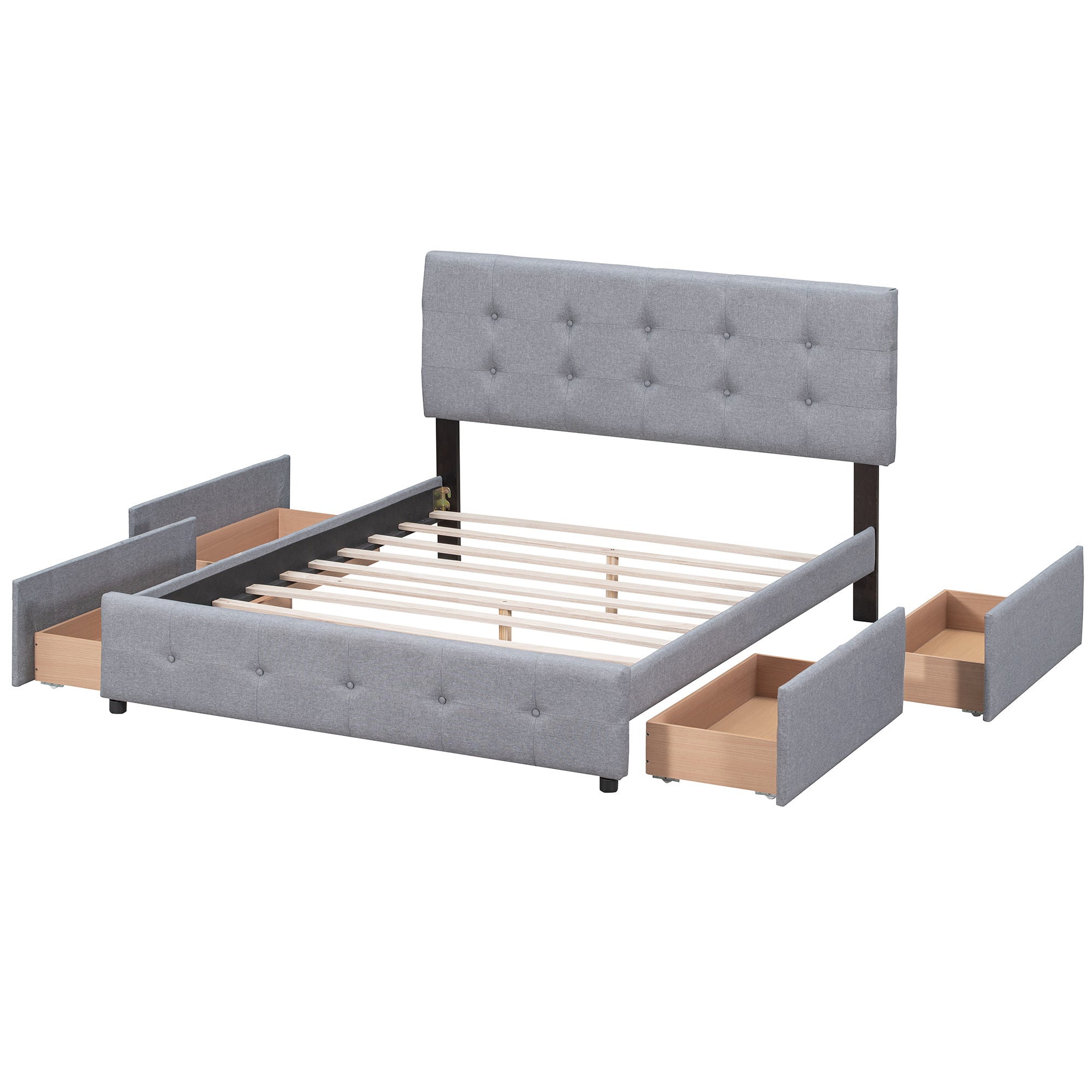 Royard Oaktree Upholstered Platform Bed with Classic Headboard and 4 Drawers, No Box Spring Needed, Linen Fabric, Queen Size Light Gray