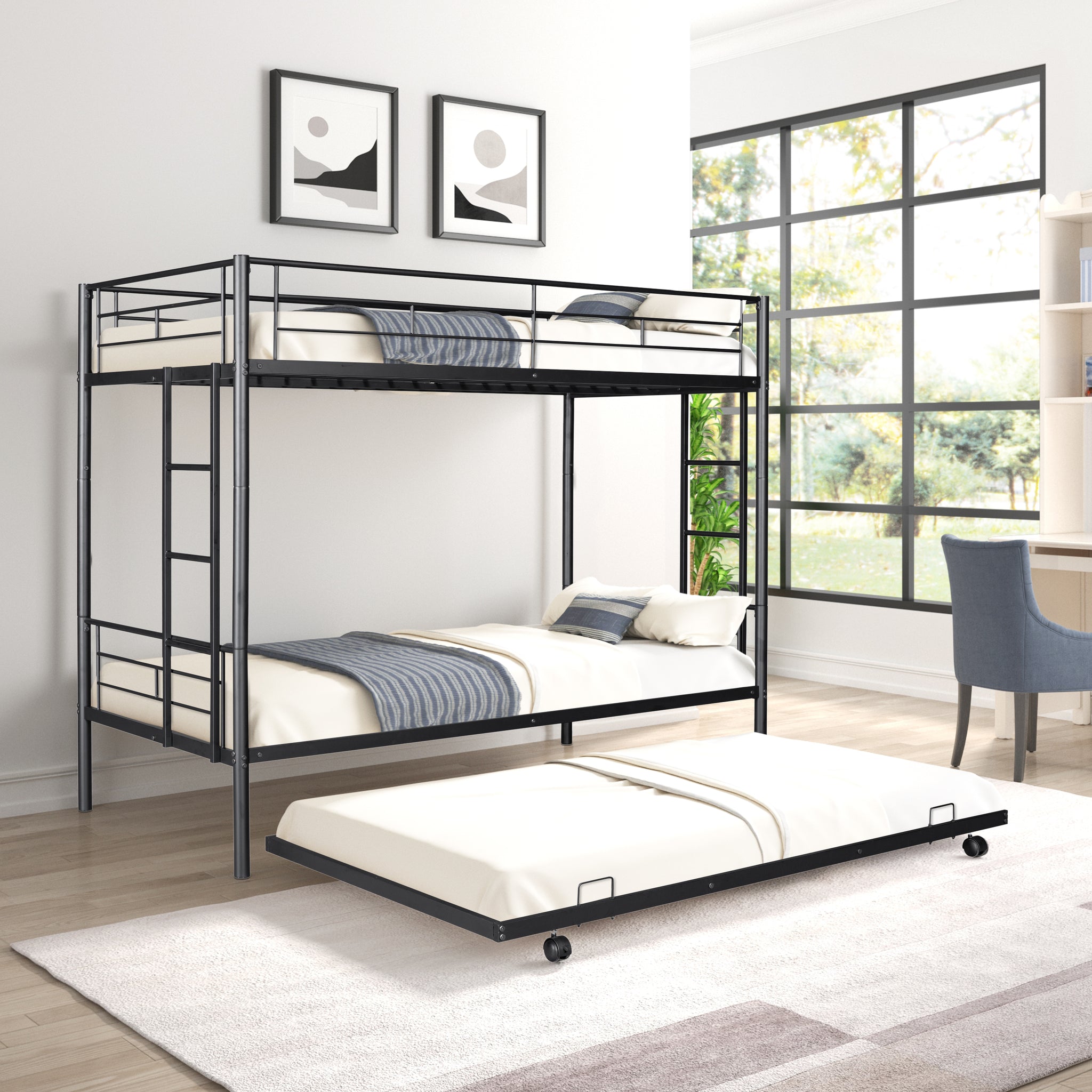 Royard Oaktree Twin over Twin Bunk Bed with Trundle Metal Bunk Bed Frame with Slat and Guardrail