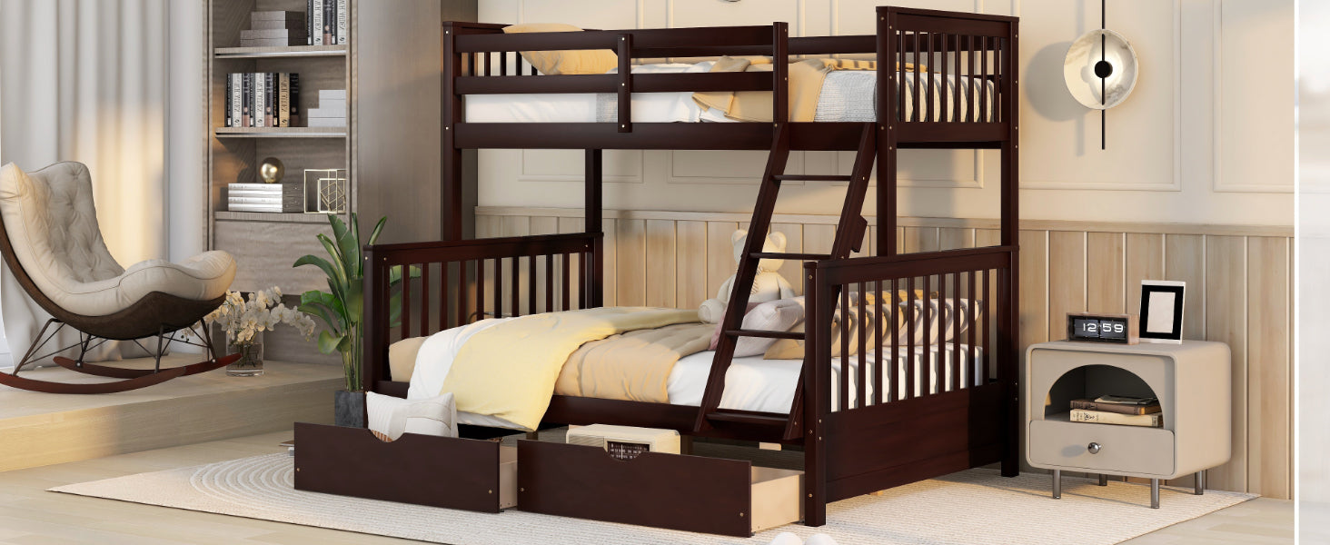 Royard Oaktree Twin-Over-Full Bunk Bed with Under-bed Drawers Wood Bunk Bed Frame with Guardrail and Ladder Can Be Converted Into 2 Beds