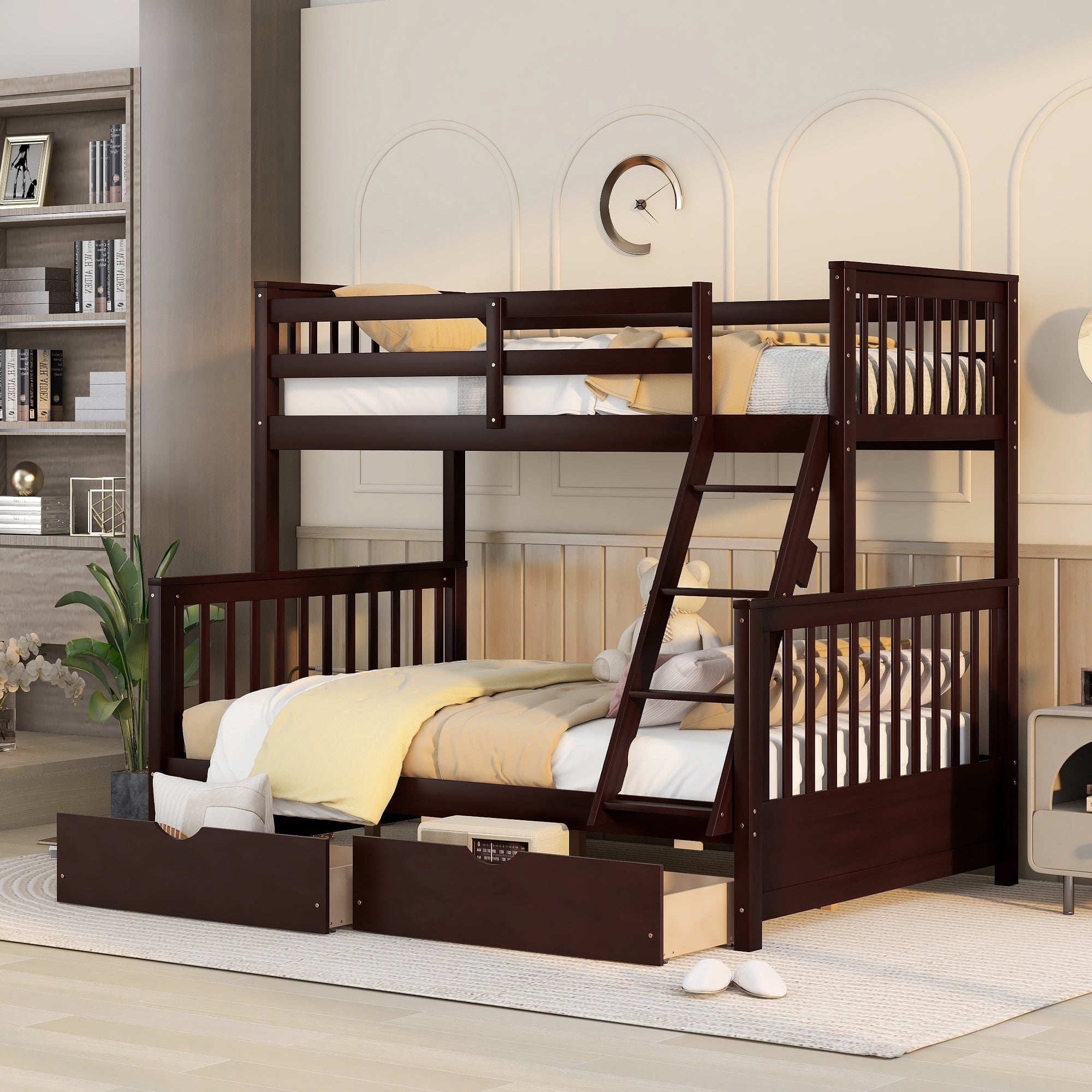 Royard Oaktree Twin-Over-Full Bunk Bed with Under-bed Drawers Wood Bunk Bed Frame with Guardrail and Ladder Can Be Converted Into 2 Beds