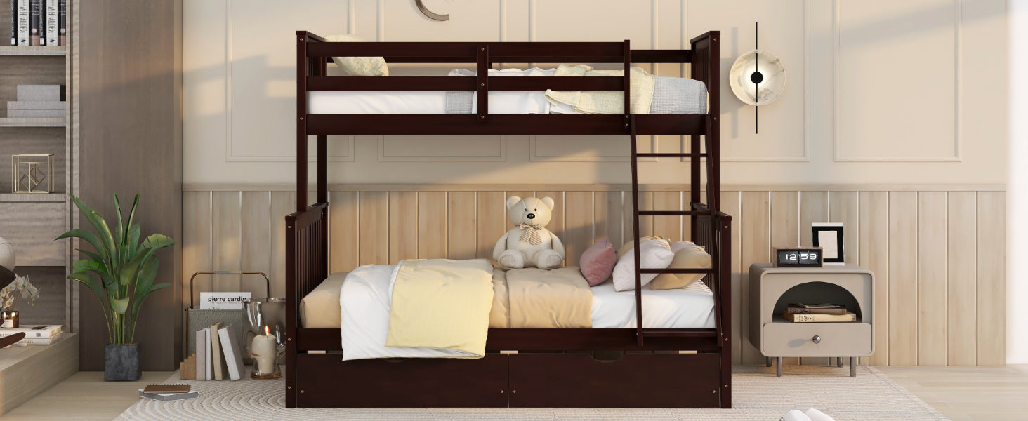 Royard Oaktree Twin-Over-Full Bunk Bed with Under-bed Drawers Wood Bunk Bed Frame with Guardrail and Ladder Can Be Converted Into 2 Beds