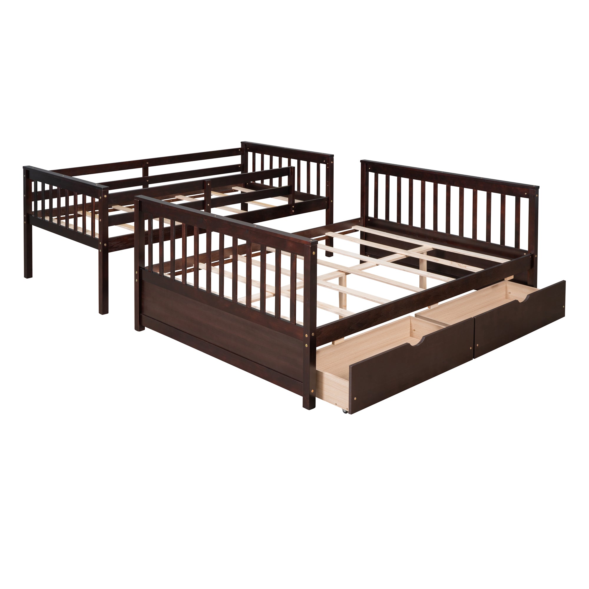 Royard Oaktree Twin-Over-Full Bunk Bed with Under-bed Drawers Wood Bunk Bed Frame with Guardrail and Ladder Can Be Converted Into 2 Beds