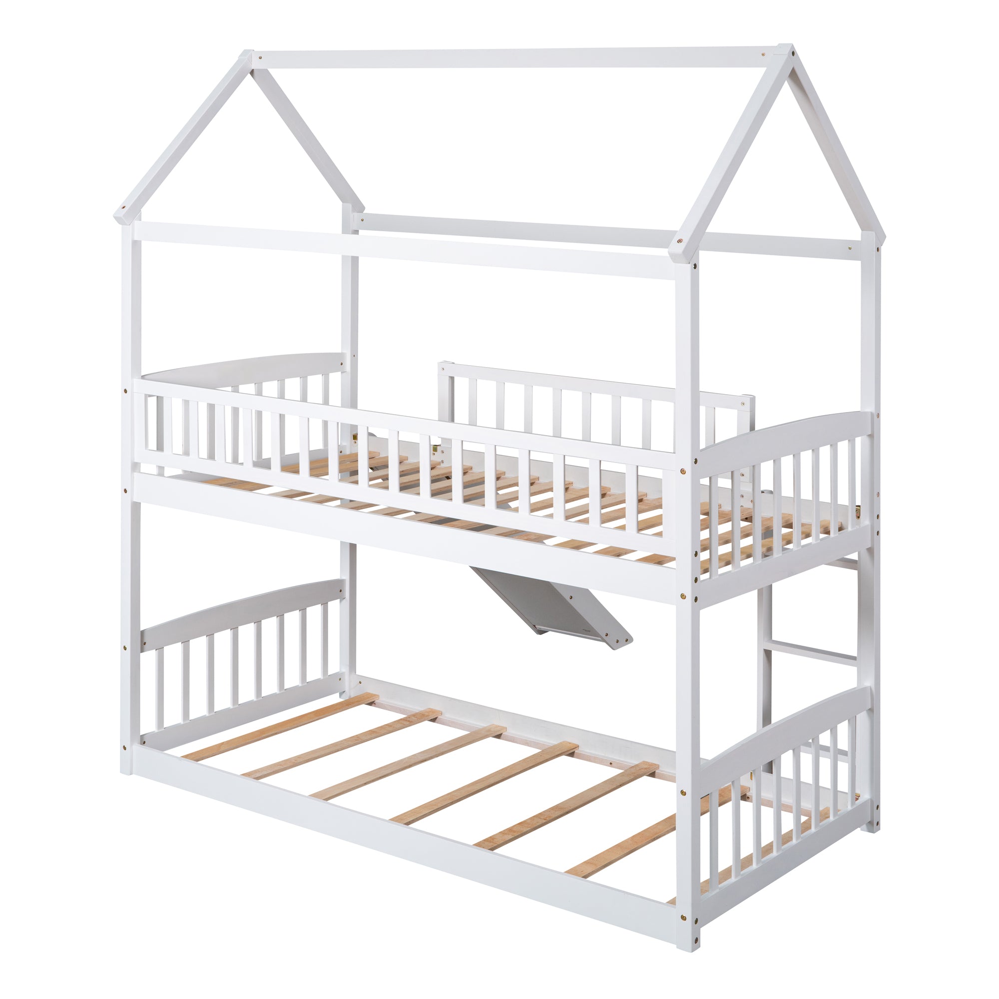 Royard Oaktree Twin Over Twin House Bunk Bed with Roof and Slide Wooden House Bed Frame with Guardrail and Ladder for Kids Boys Girls Teens, No Box Spring Needed