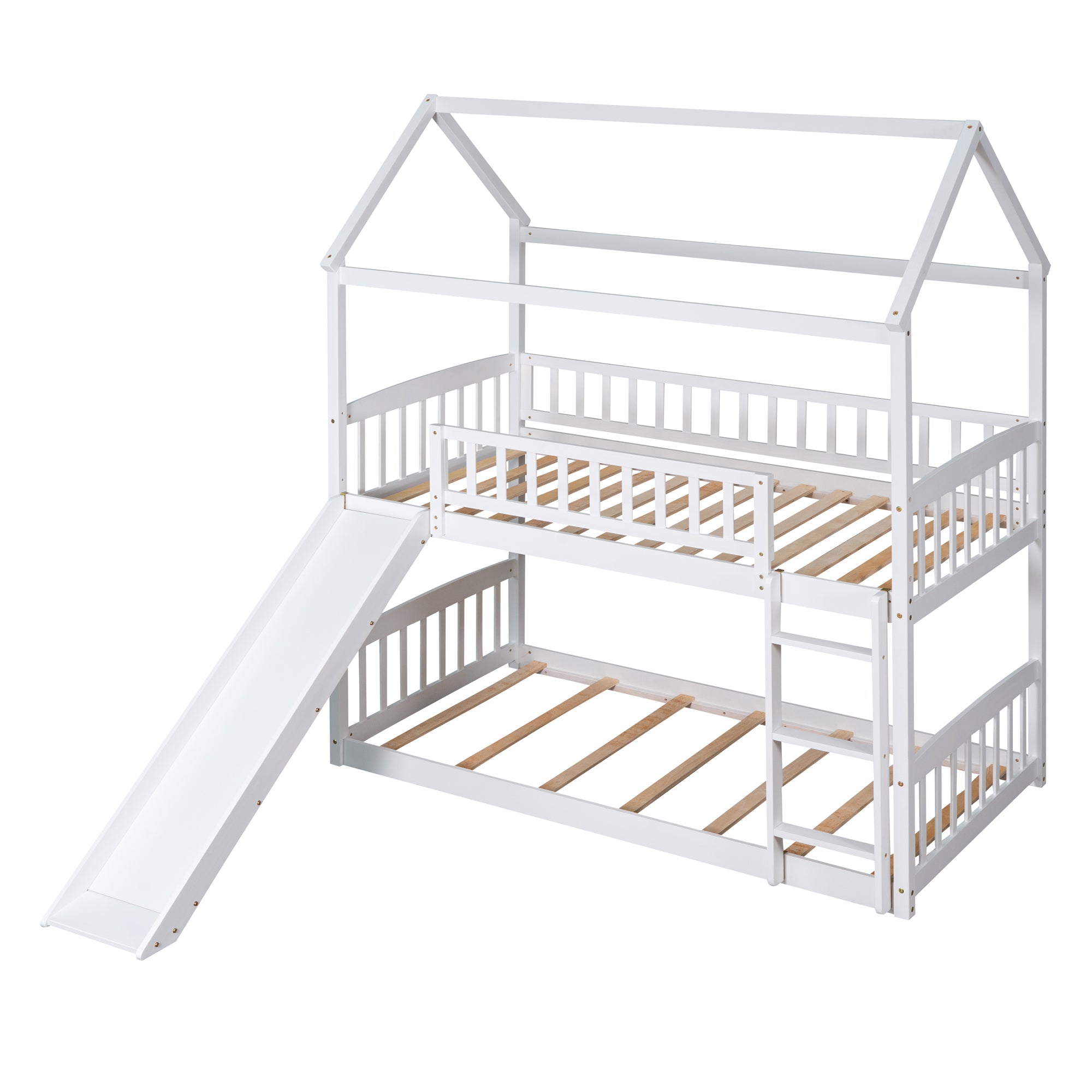 Royard Oaktree Twin Over Twin House Bunk Bed with Roof and Slide Wooden House Bed Frame with Guardrail and Ladder for Kids Boys Girls Teens, No Box Spring Needed