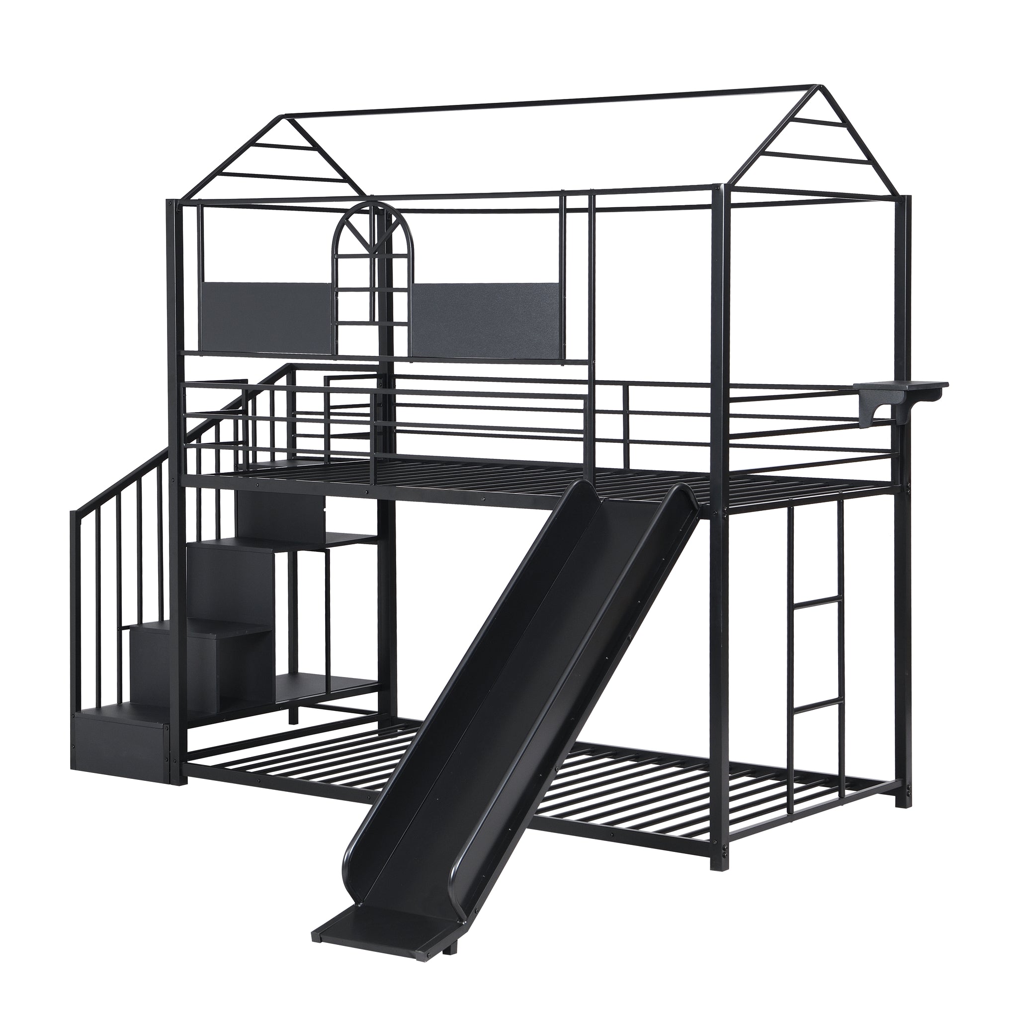 Royard Oaktree Twin-Over-Twin Bunk Bed With Slide and Steps Metal House Bund Bed Frame with Roof and Guardrail, No Box Spring Needed