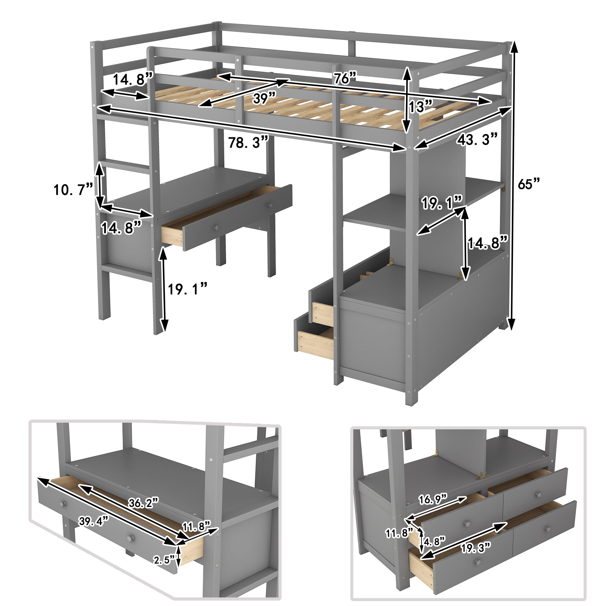 Royard Oaktree Loft Bed with Built-in Desk and Storage Shelves with Drawers Wood Loft Bed Frame with Ladder and Guardrails