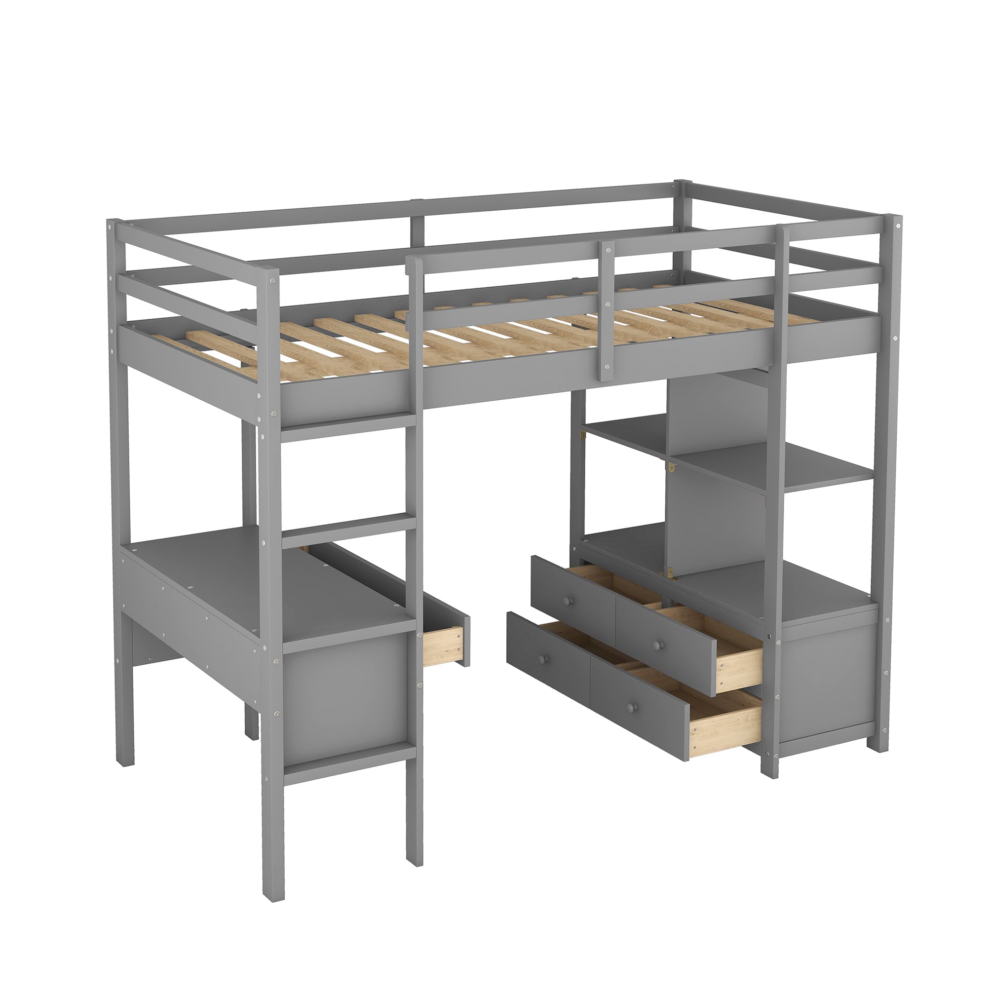 Royard Oaktree Loft Bed with Built-in Desk and Storage Shelves with Drawers Wood Loft Bed Frame with Ladder and Guardrails