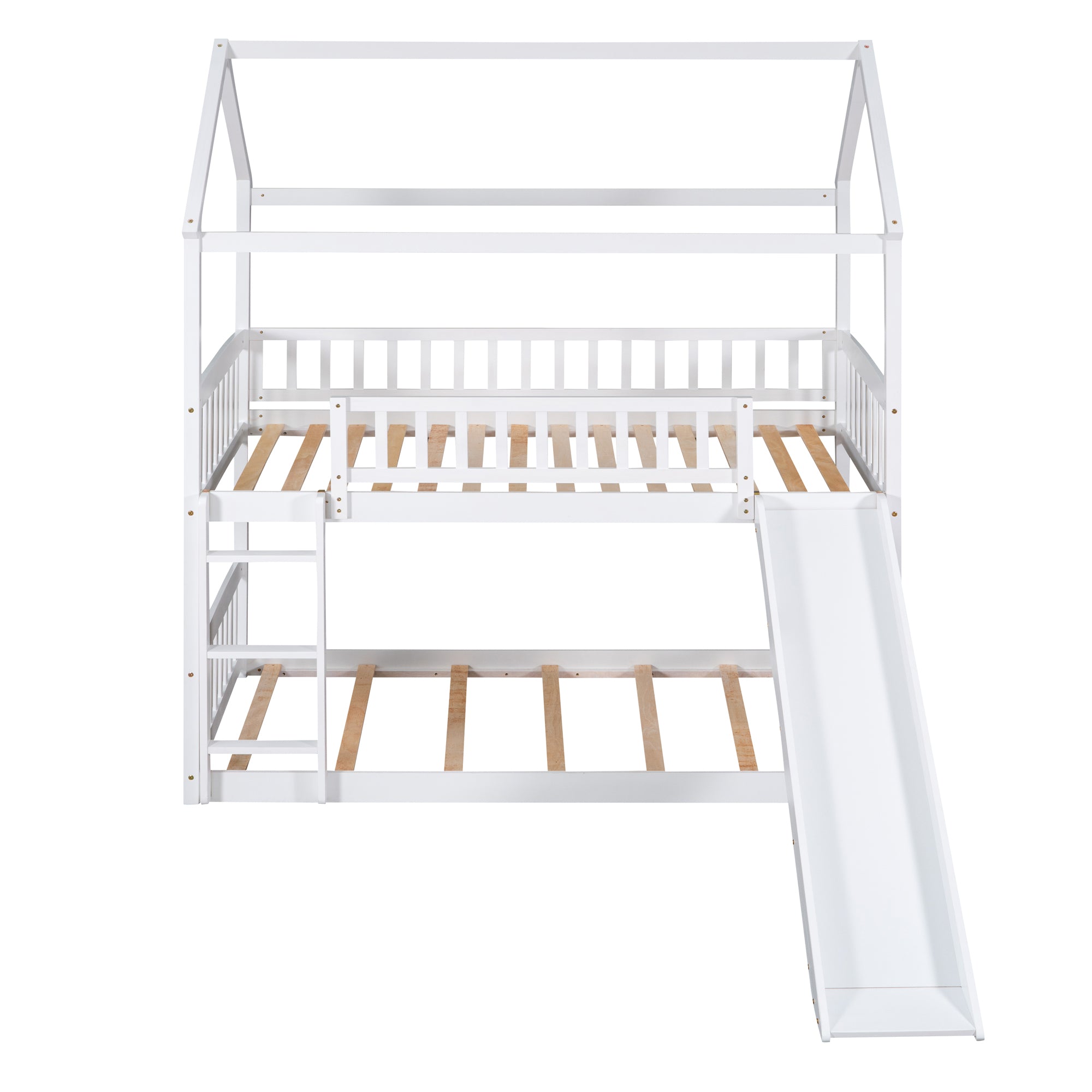 Royard Oaktree Twin Over Twin House Bunk Bed with Roof and Slide Wooden House Bed Frame with Guardrail and Ladder for Kids Boys Girls Teens, No Box Spring Needed