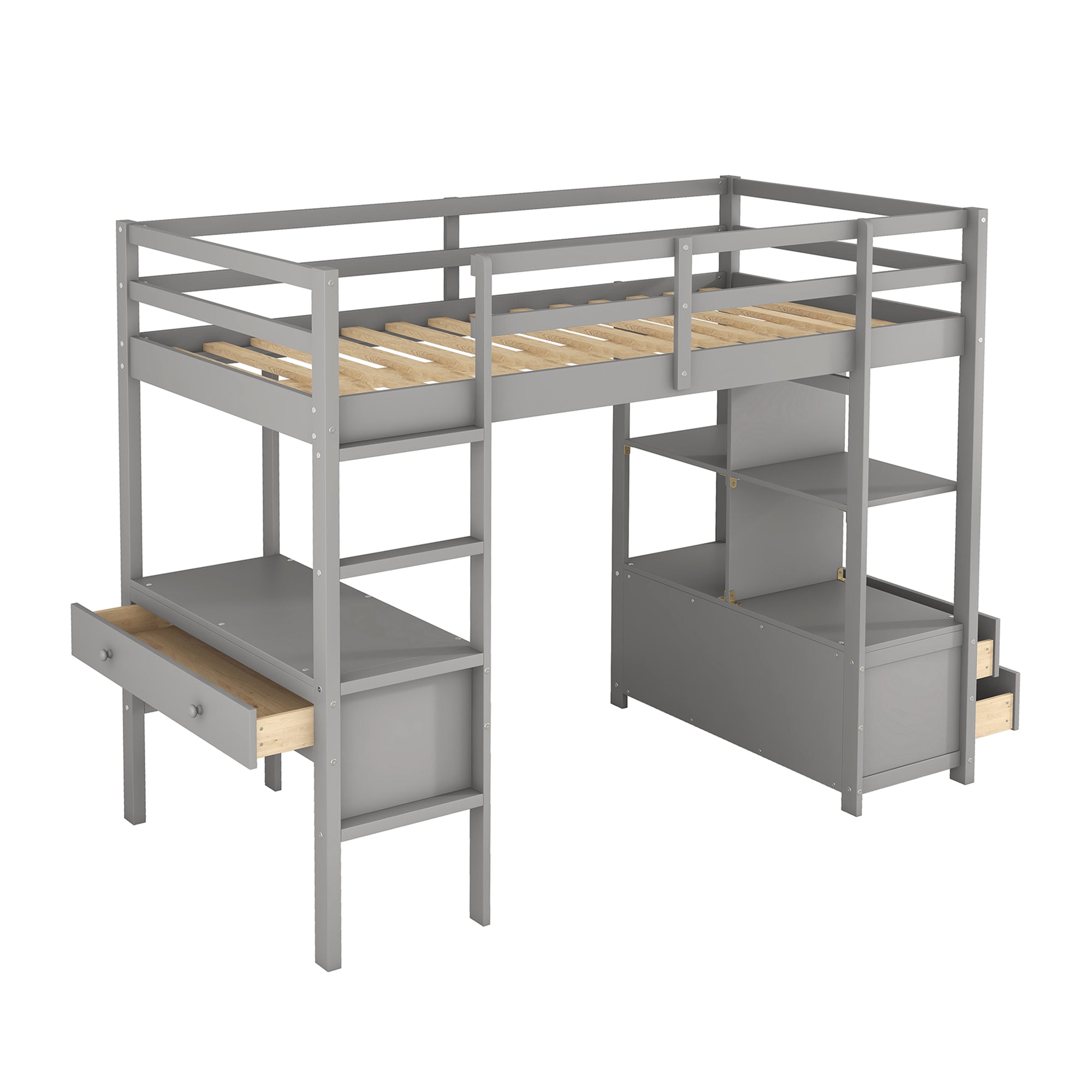 Royard Oaktree Loft Bed with Built-in Desk and Storage Shelves with Drawers Wood Loft Bed Frame with Ladder and Guardrails