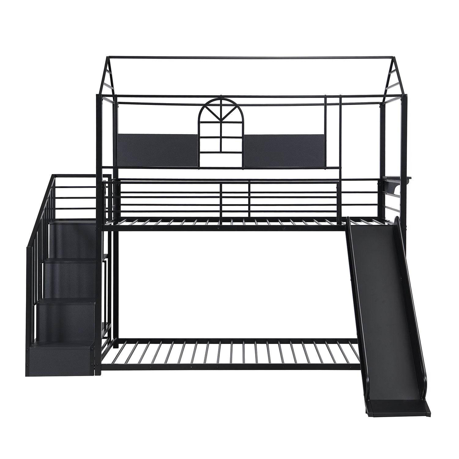 Royard Oaktree Twin-Over-Twin Bunk Bed With Slide and Steps Metal House Bund Bed Frame with Roof and Guardrail, No Box Spring Needed