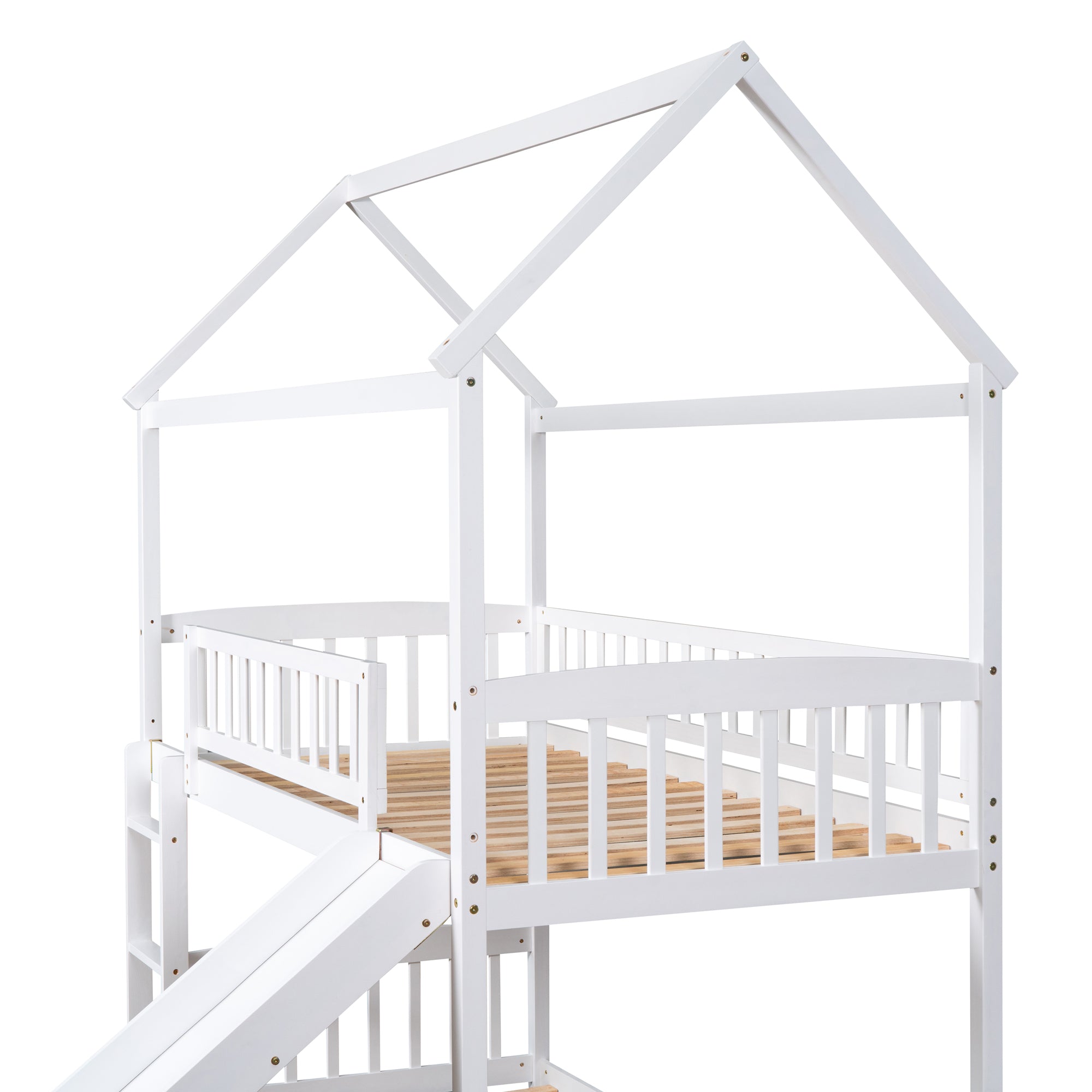 Royard Oaktree Twin Over Twin House Bunk Bed with Roof and Slide Wooden House Bed Frame with Guardrail and Ladder for Kids Boys Girls Teens, No Box Spring Needed