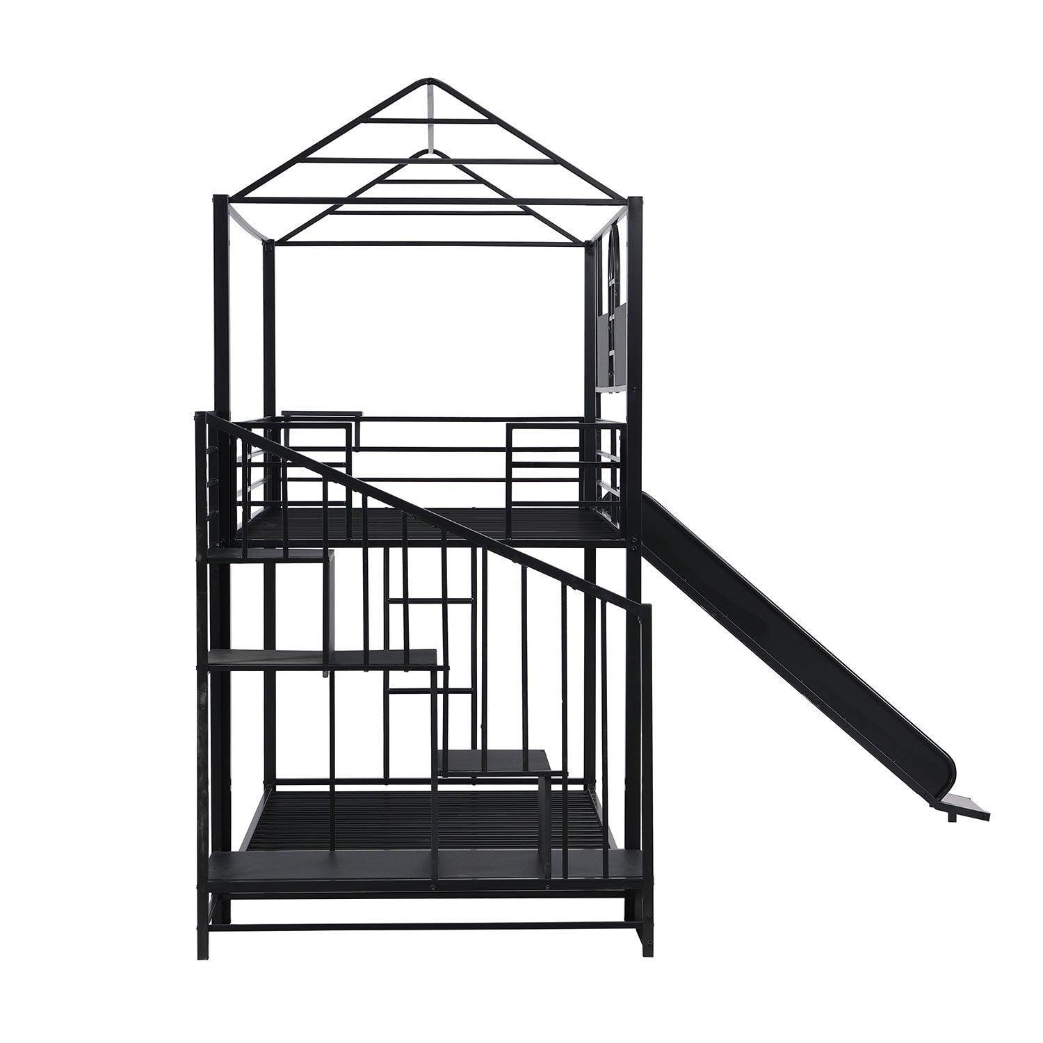 Royard Oaktree Twin-Over-Twin Bunk Bed With Slide and Steps Metal House Bund Bed Frame with Roof and Guardrail, No Box Spring Needed