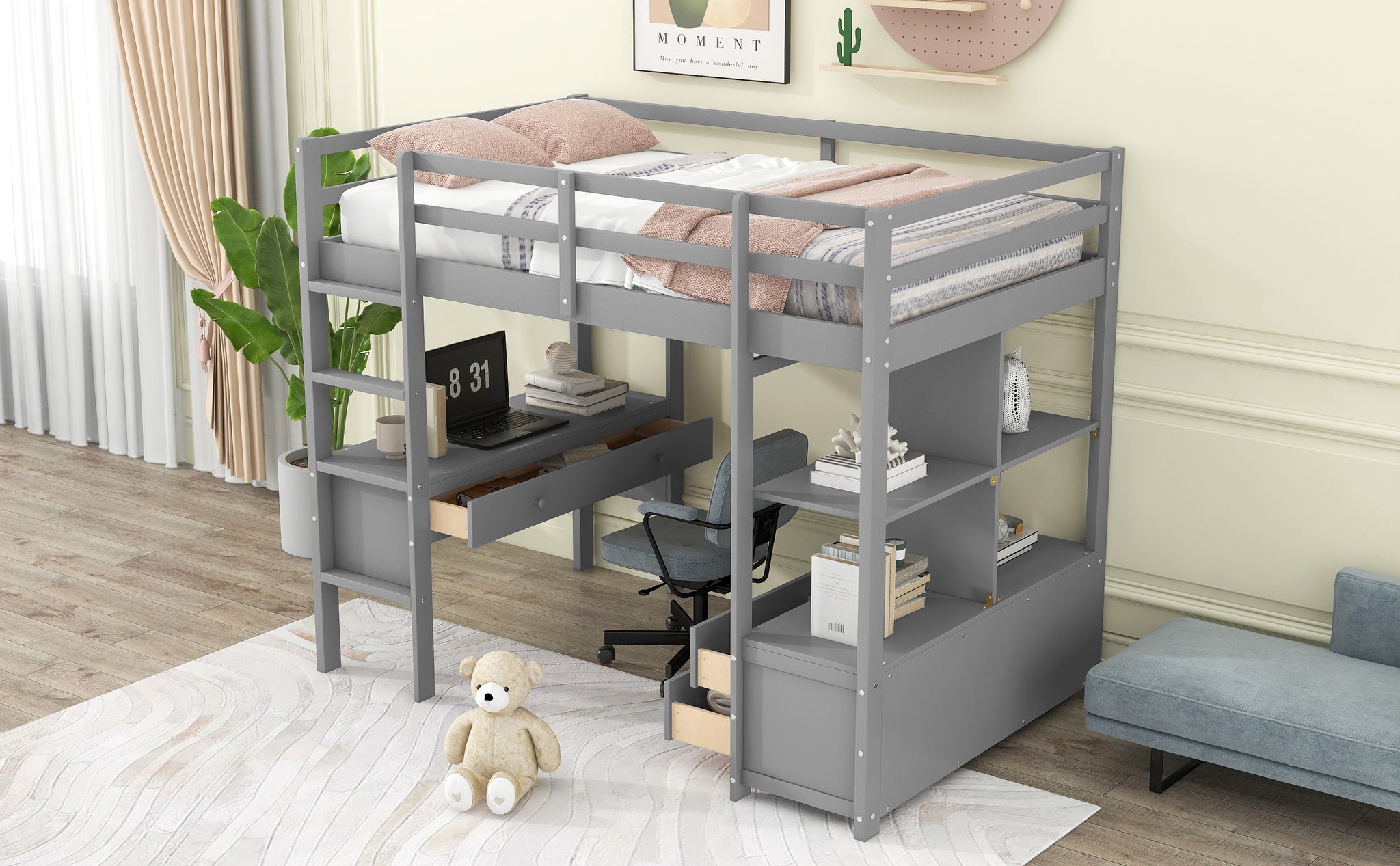 Royard Oaktree Loft Bed with Built-in Desk and Storage Shelves with Drawers Wood Loft Bed Frame with Ladder and Guardrails