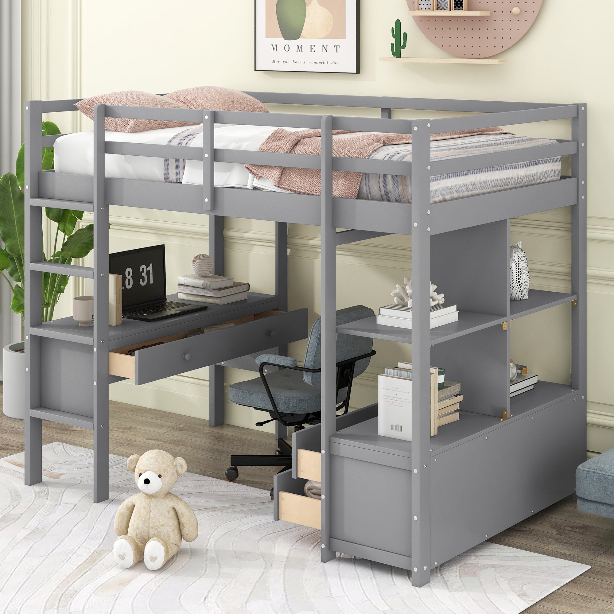 Royard Oaktree Loft Bed with Built-in Desk and Storage Shelves with Drawers Wood Loft Bed Frame with Ladder and Guardrails