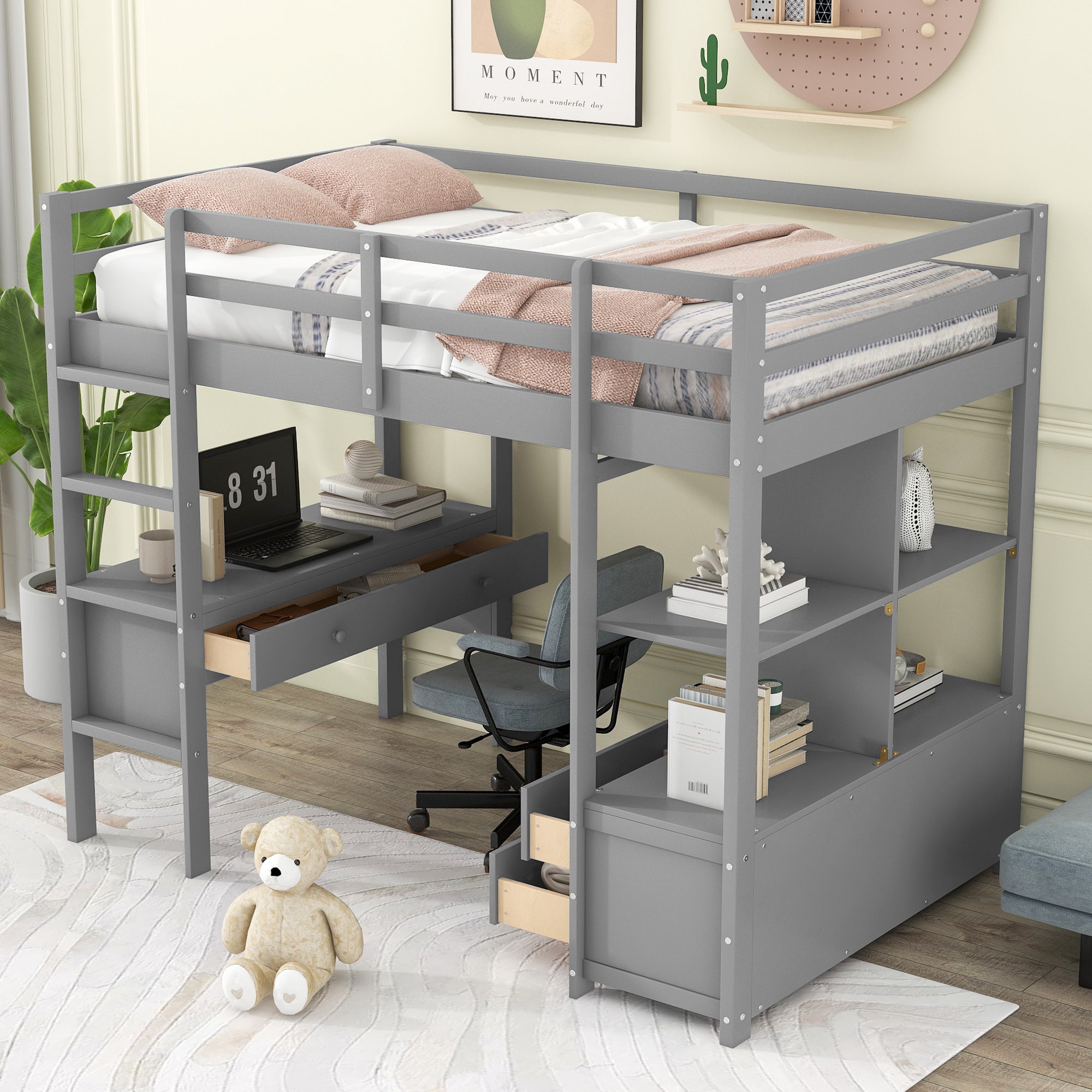 Royard Oaktree Loft Bed with Built-in Desk and Storage Shelves with Drawers Wood Loft Bed Frame with Ladder and Guardrails