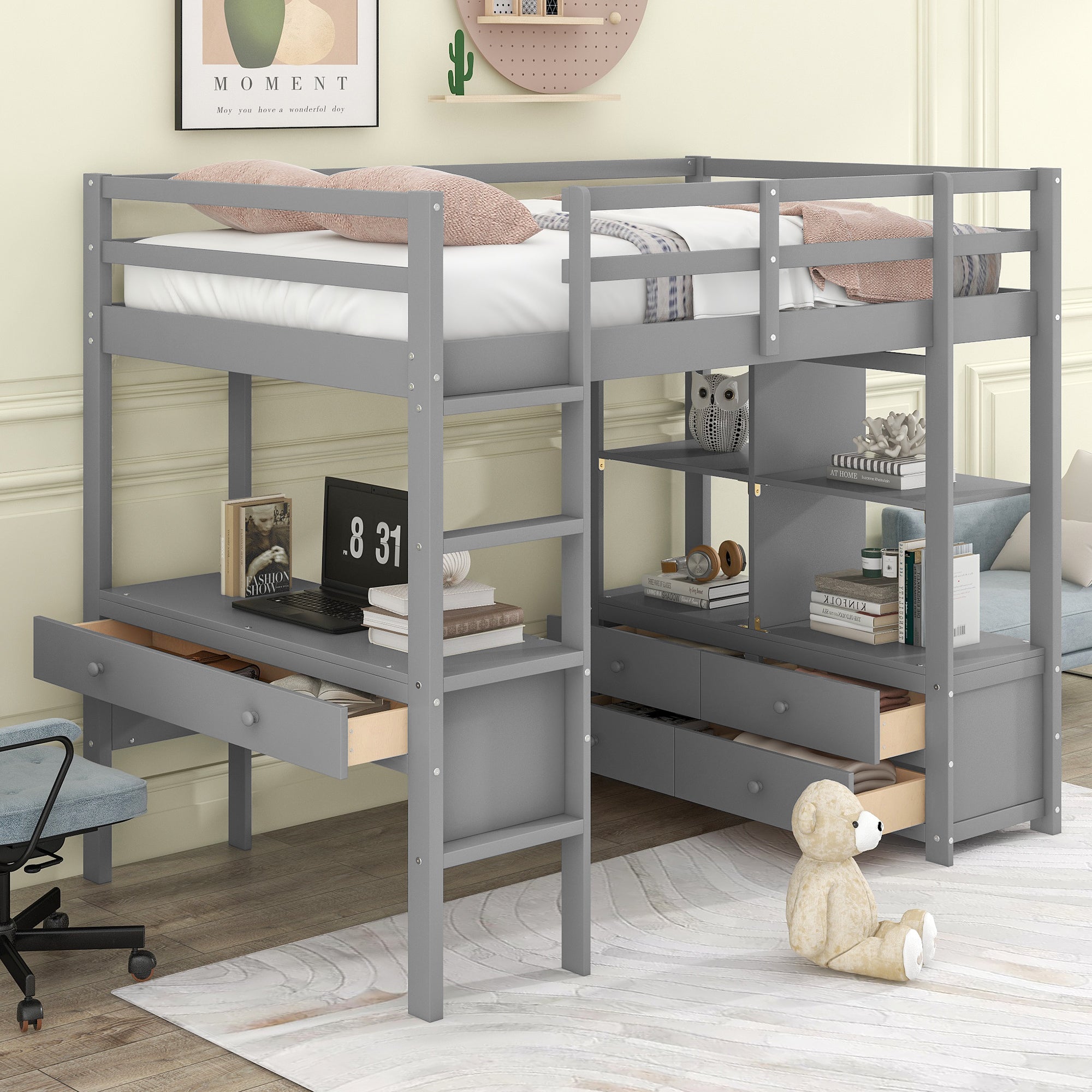 Royard Oaktree Loft Bed with Built-in Desk and Storage Shelves with Drawers Wood Loft Bed Frame with Ladder and Guardrails