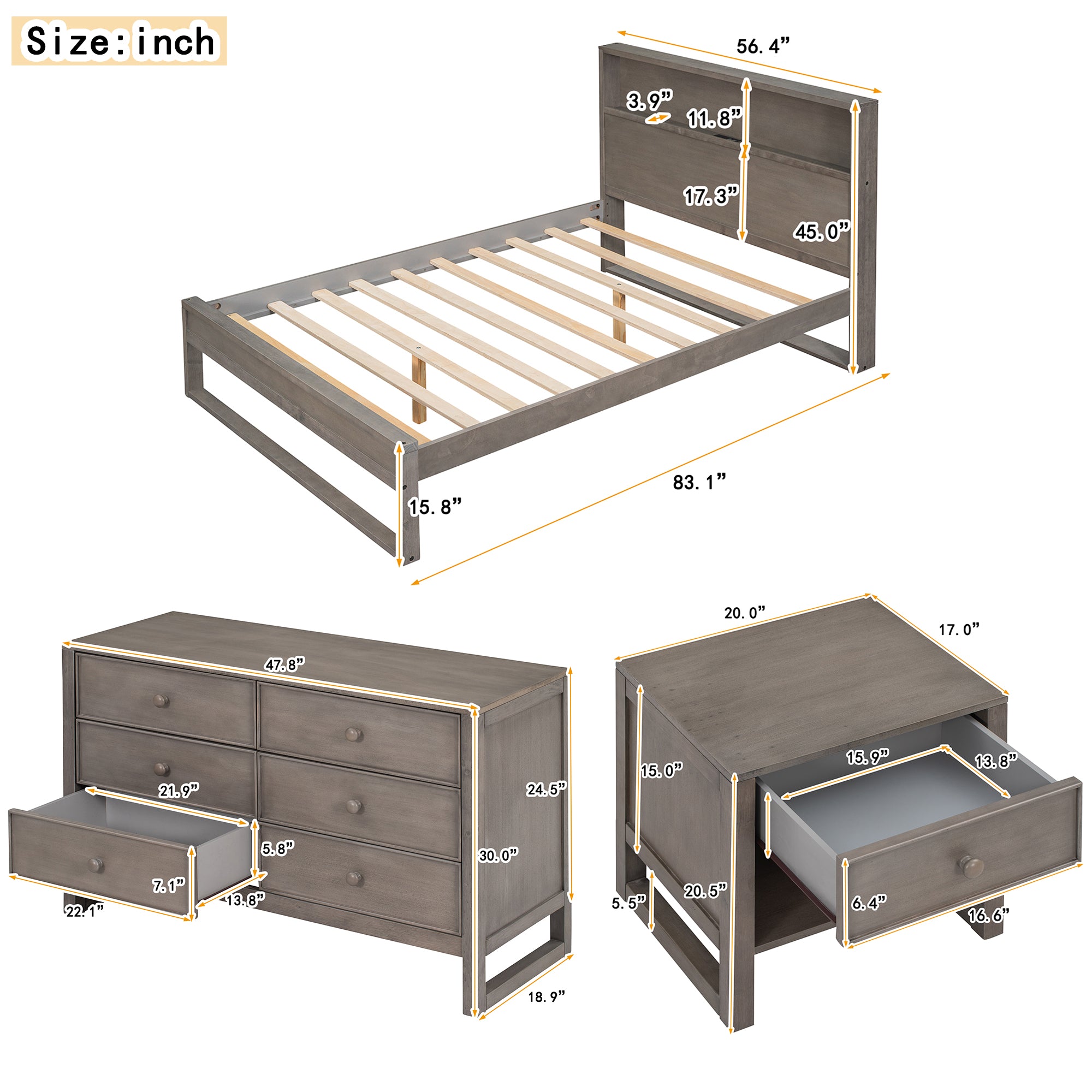 Royard Oaktree 3-Pieces Bedroom Sets Platform Bed with Charge Station, Nightstand with Drawer and Shelf, 6-Drawer Dresser