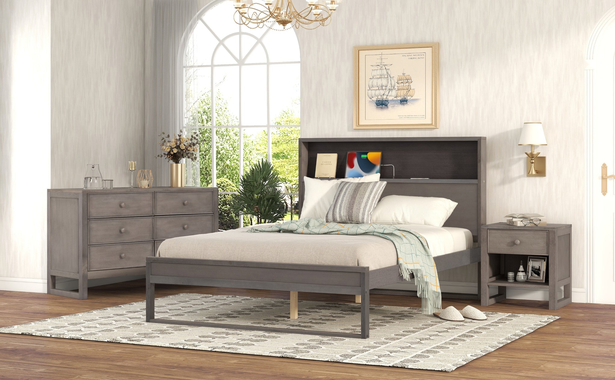 Royard Oaktree 3-Pieces Bedroom Sets Platform Bed with Charge Station, Nightstand with Drawer and Shelf, 6-Drawer Dresser