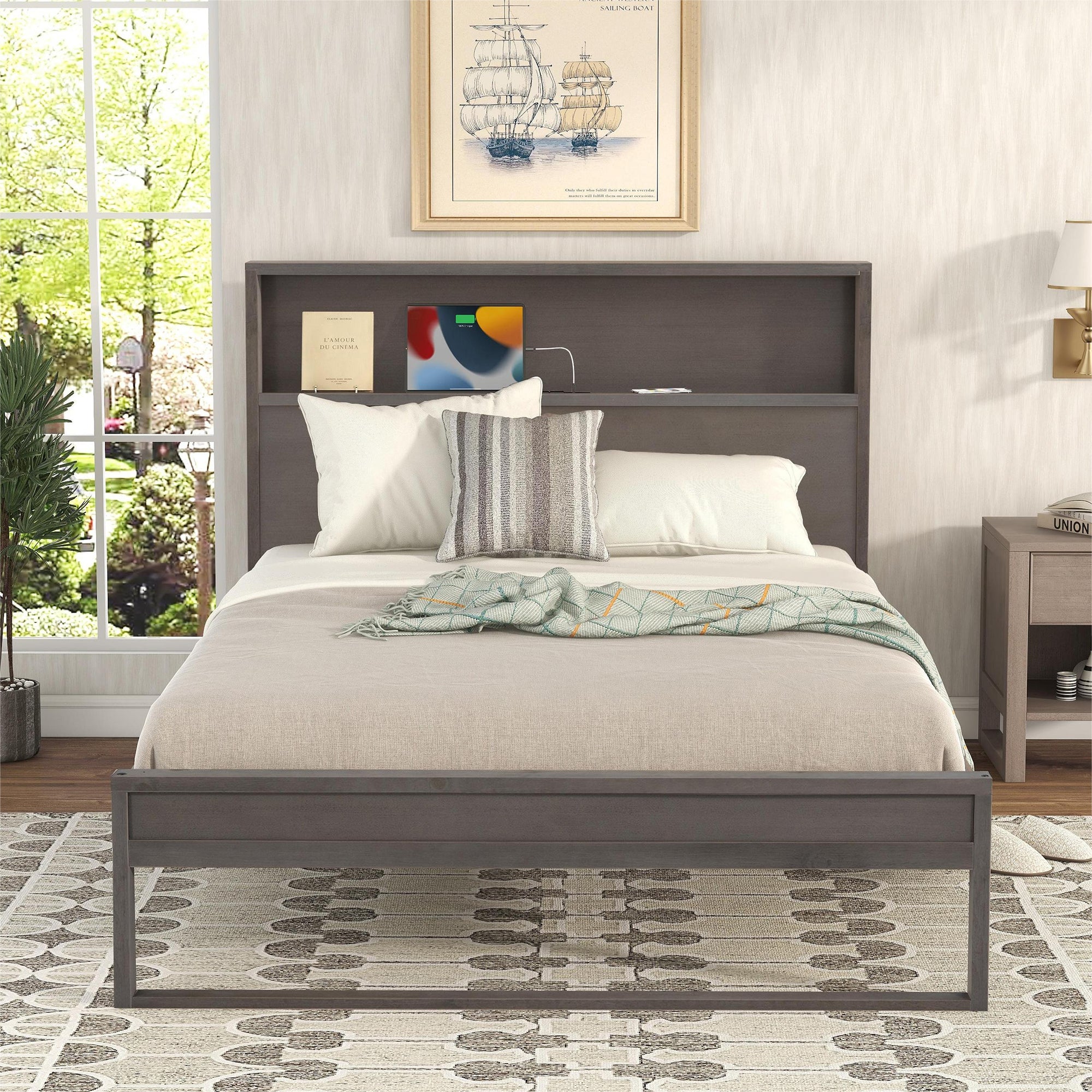 Royard Oaktree Platform Bed with Storage Headboard, Wood Bed Frame with Sockets and USB Ports, Platform Bed