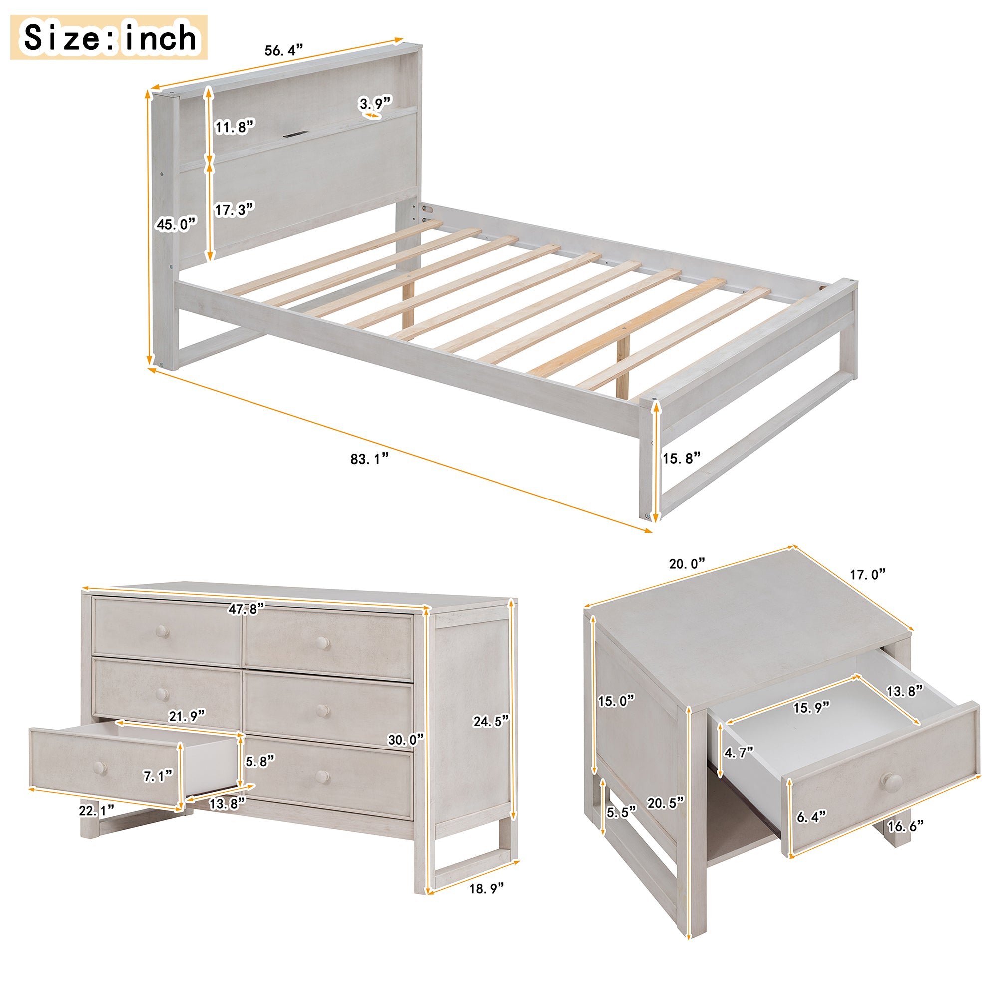 Royard Oaktree 3-Pieces Bedroom Sets Platform Bed with Charge Station, Nightstand with Drawer and Shelf, 6-Drawer Dresser