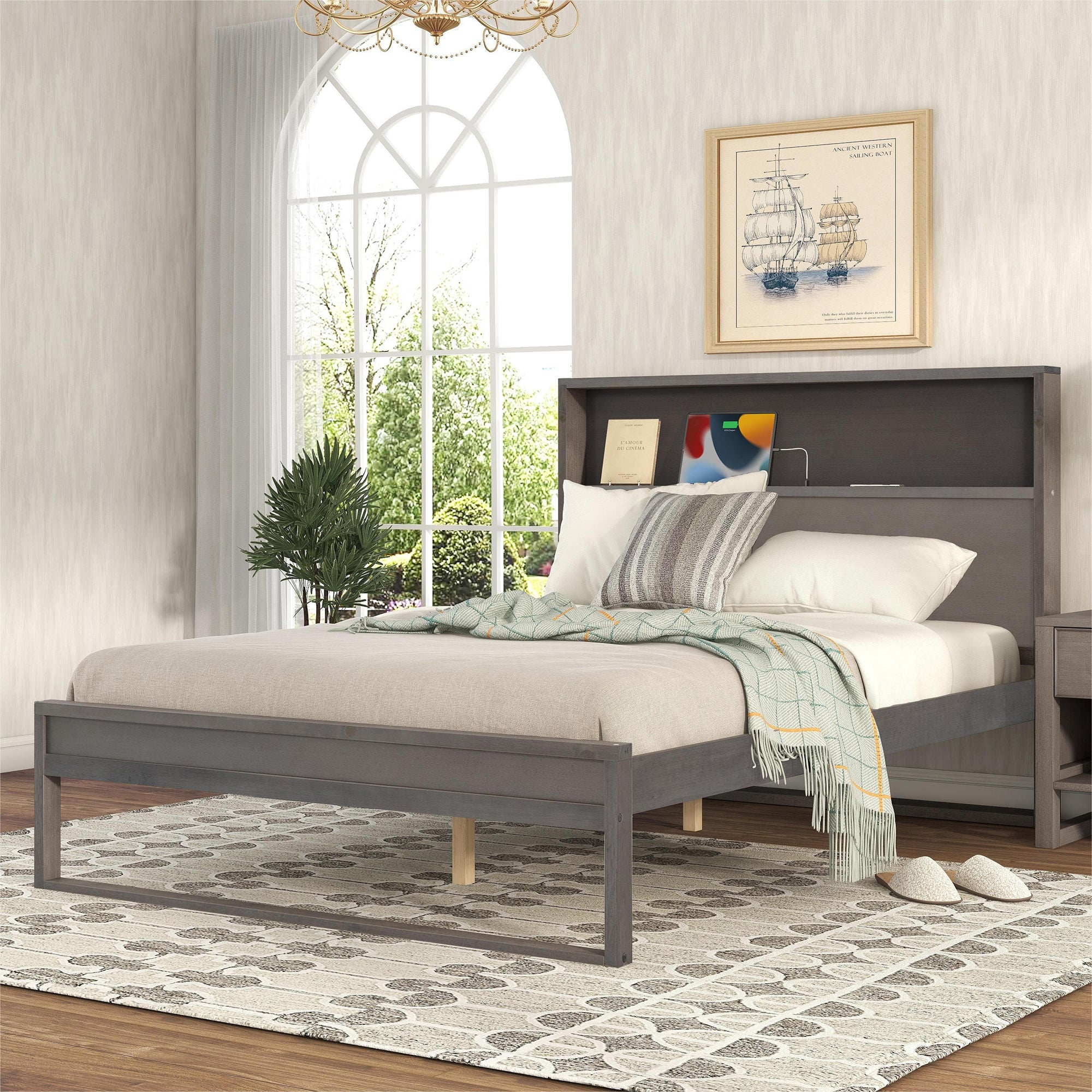 Royard Oaktree Platform Bed with Storage Headboard, Wood Bed Frame with Sockets and USB Ports, Platform Bed