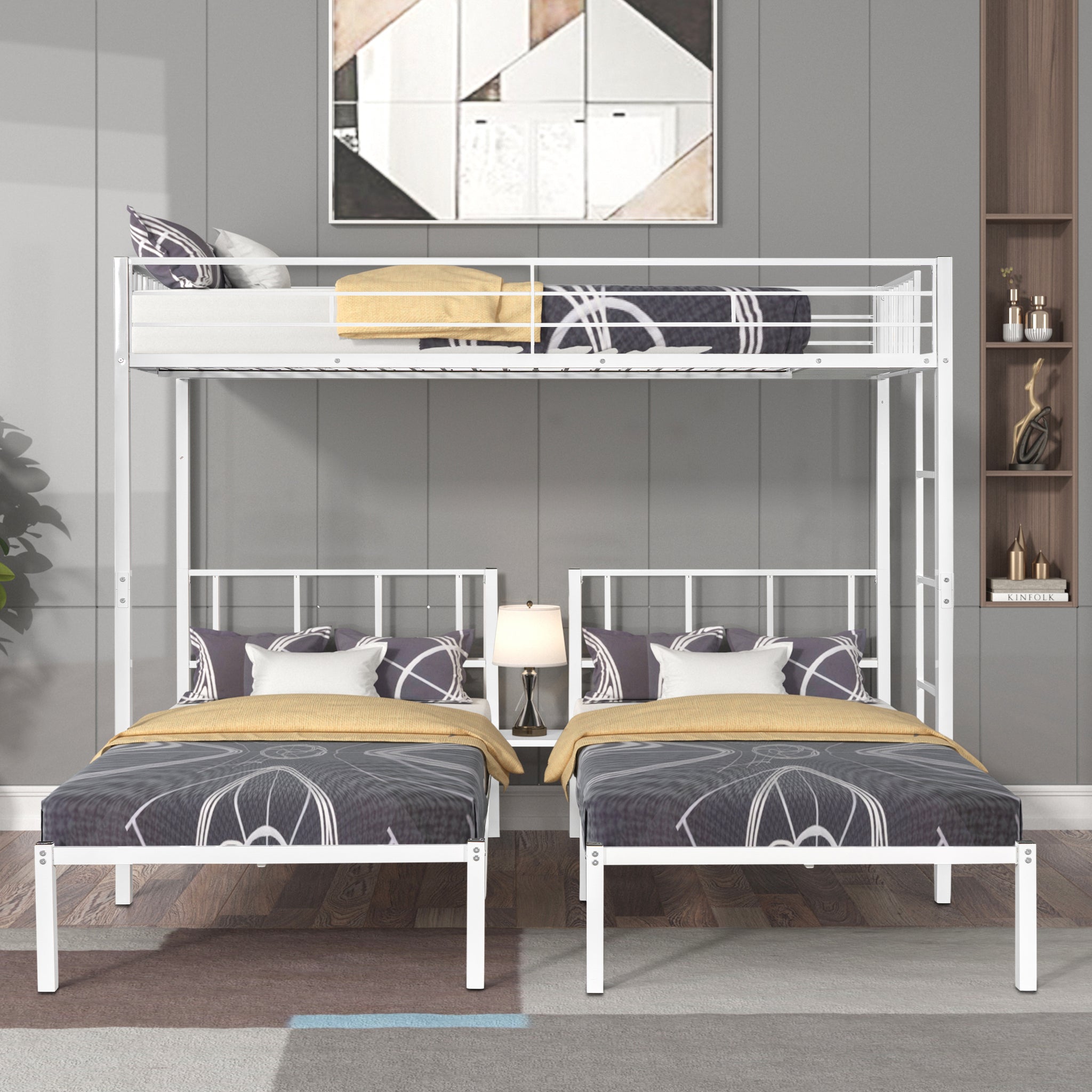 Royard Oaktree Triple Twin Bunk Bed Metal Bunk Bed Frame with Slat and Guardrail, Modern Bed Frame Can Be Separated Into 3 Twin Beds