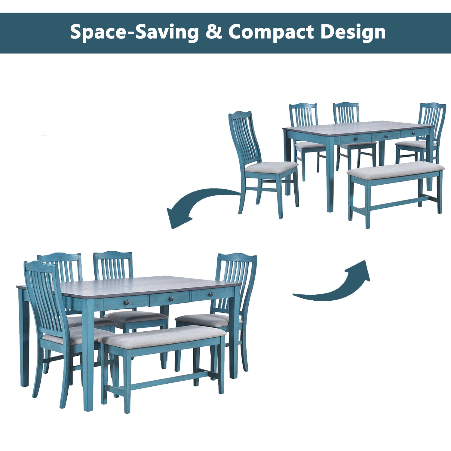 Royard Oaktree 6-Piece Dining Table Set with 4 Upholstered Chairs and Bench Wood Rectangular Kitchen Table with Drawer, Mid-Century Cushioned Chairs/Bench for Dining Room Living Room