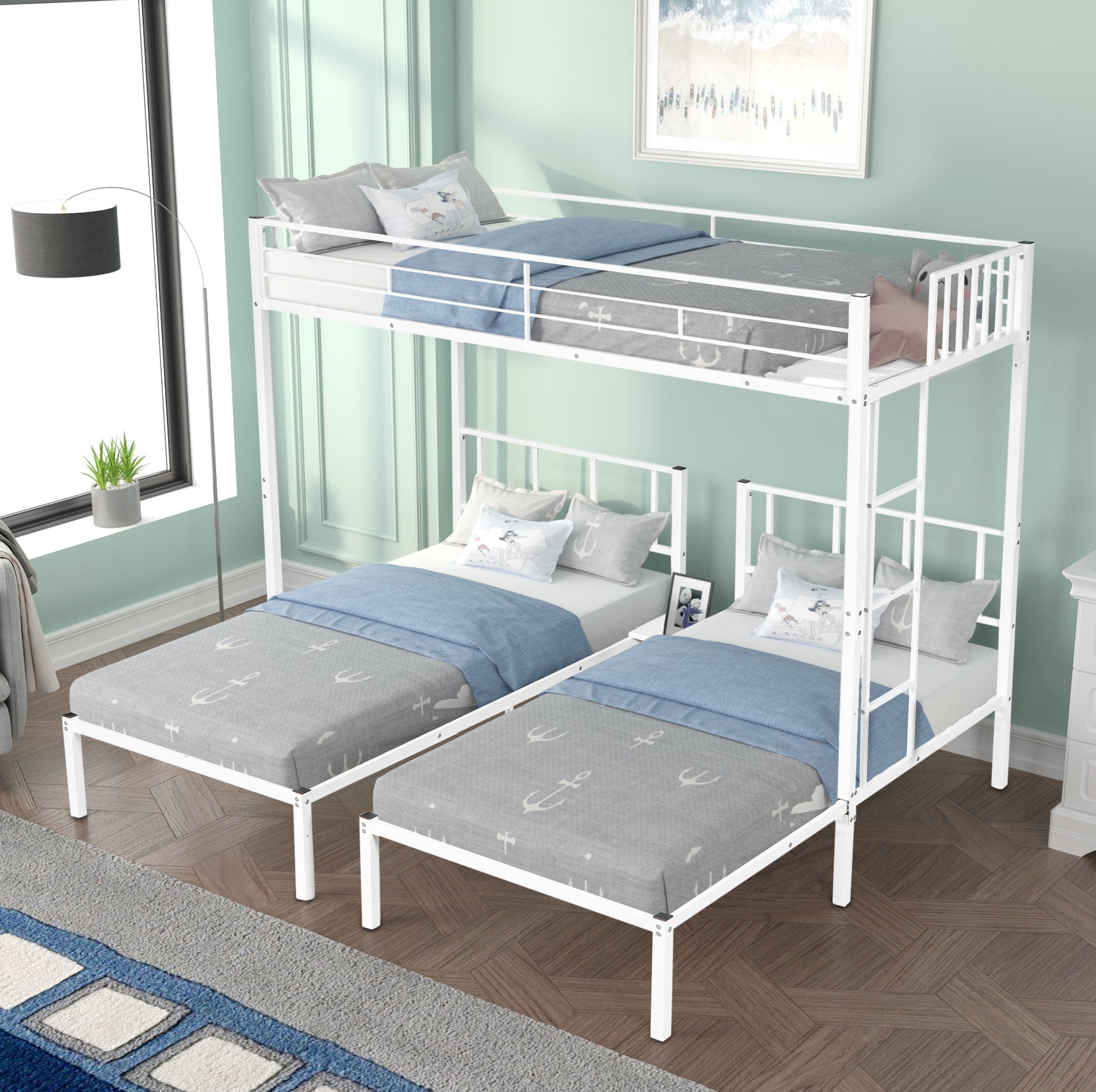 Royard Oaktree Triple Twin Bunk Bed Metal Bunk Bed Frame with Slat and Guardrail, Modern Bed Frame Can Be Separated Into 3 Twin Beds