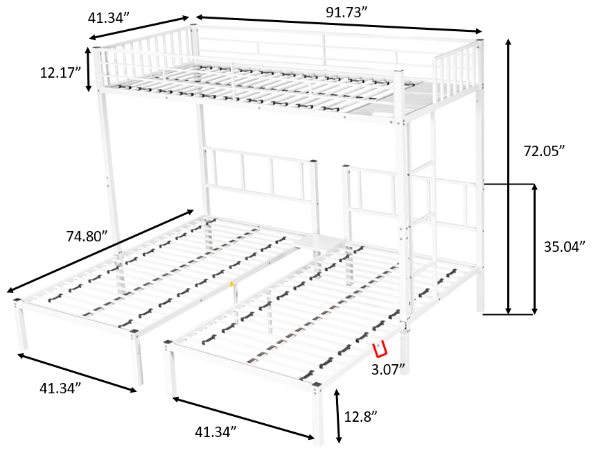 Royard Oaktree Triple Twin Bunk Bed Metal Bunk Bed Frame with Slat and Guardrail, Modern Bed Frame Can Be Separated Into 3 Twin Beds